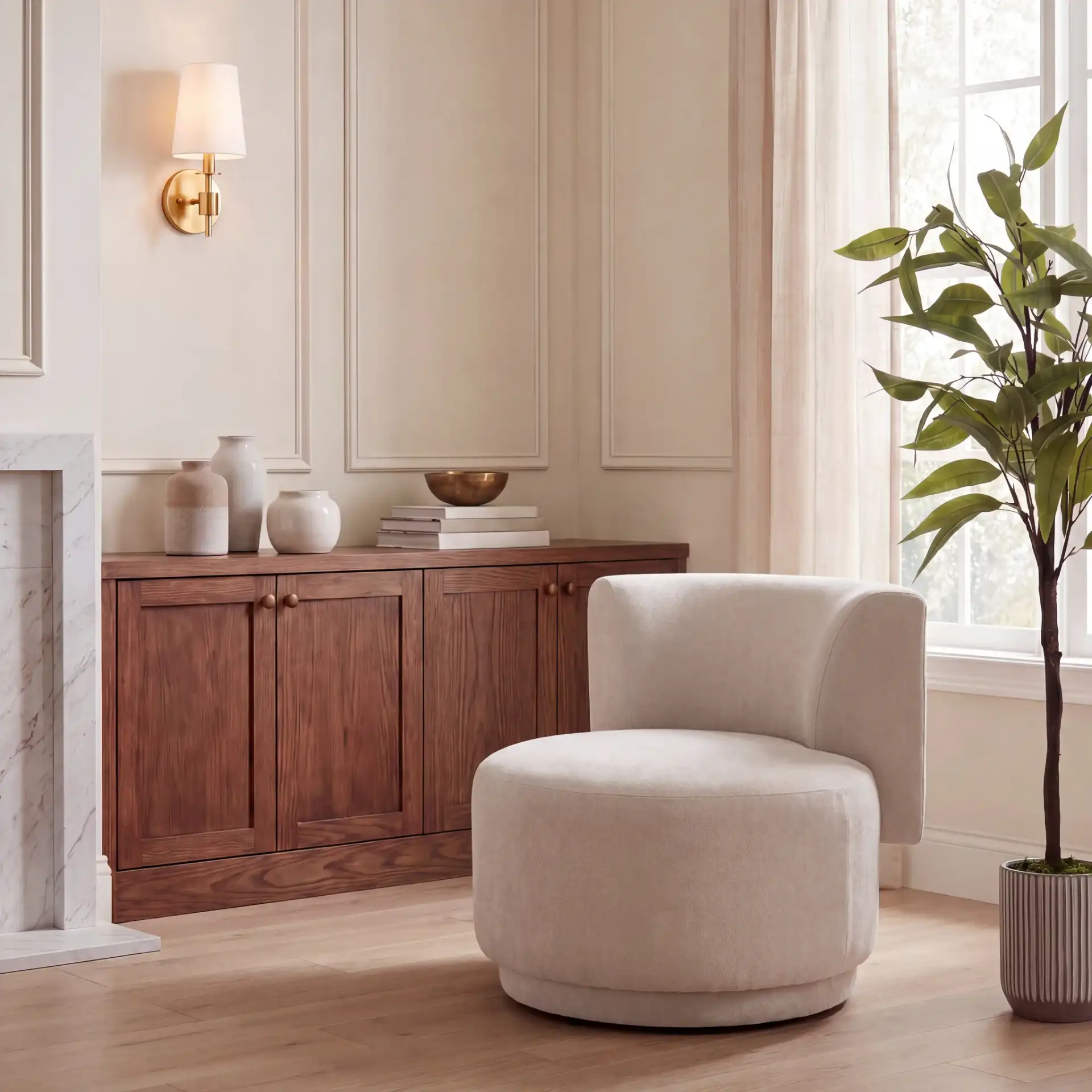 Rhyt Accent Chair in Beige in a styled room