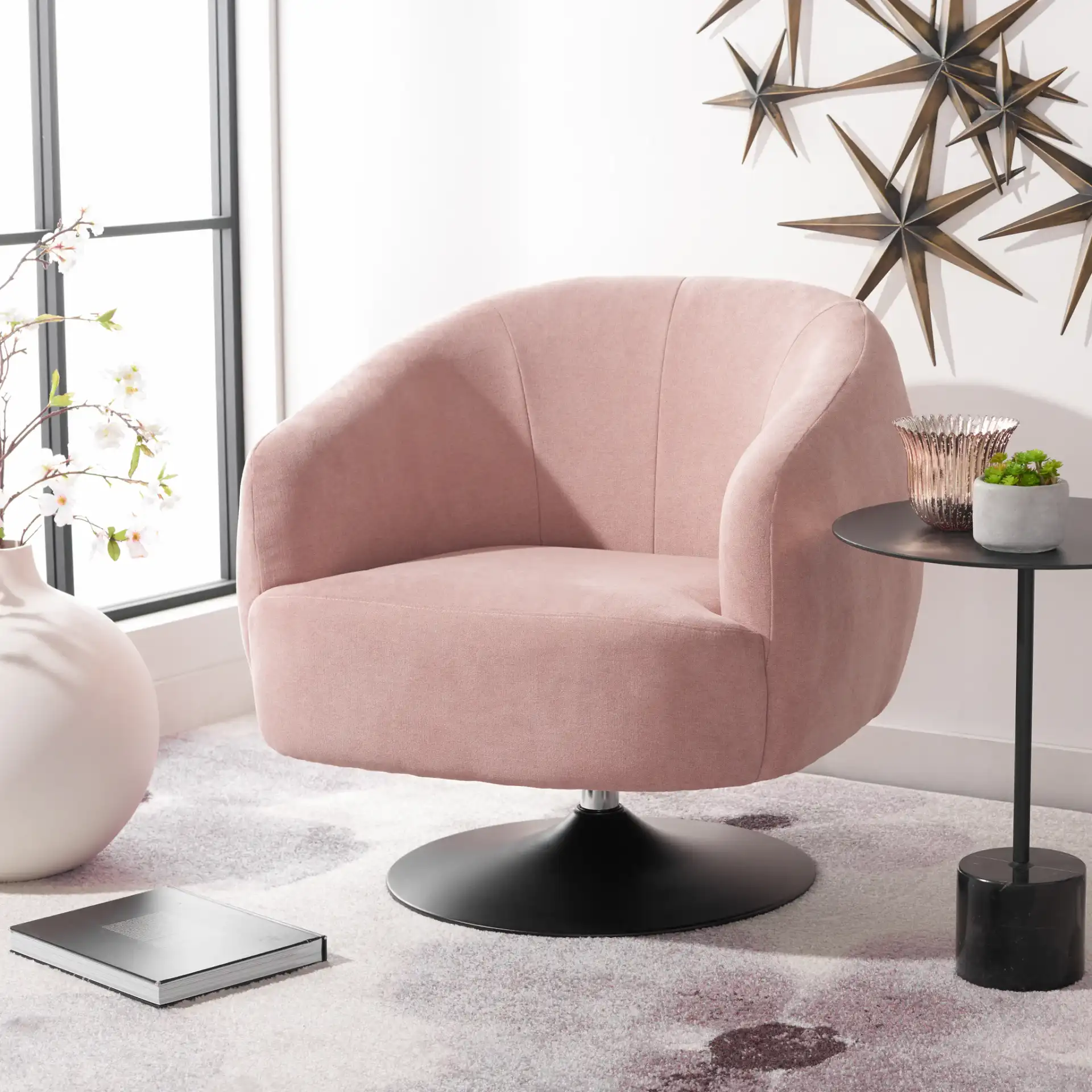 Ezro Upholstered Accent Chair in Blush / Black in a styled room