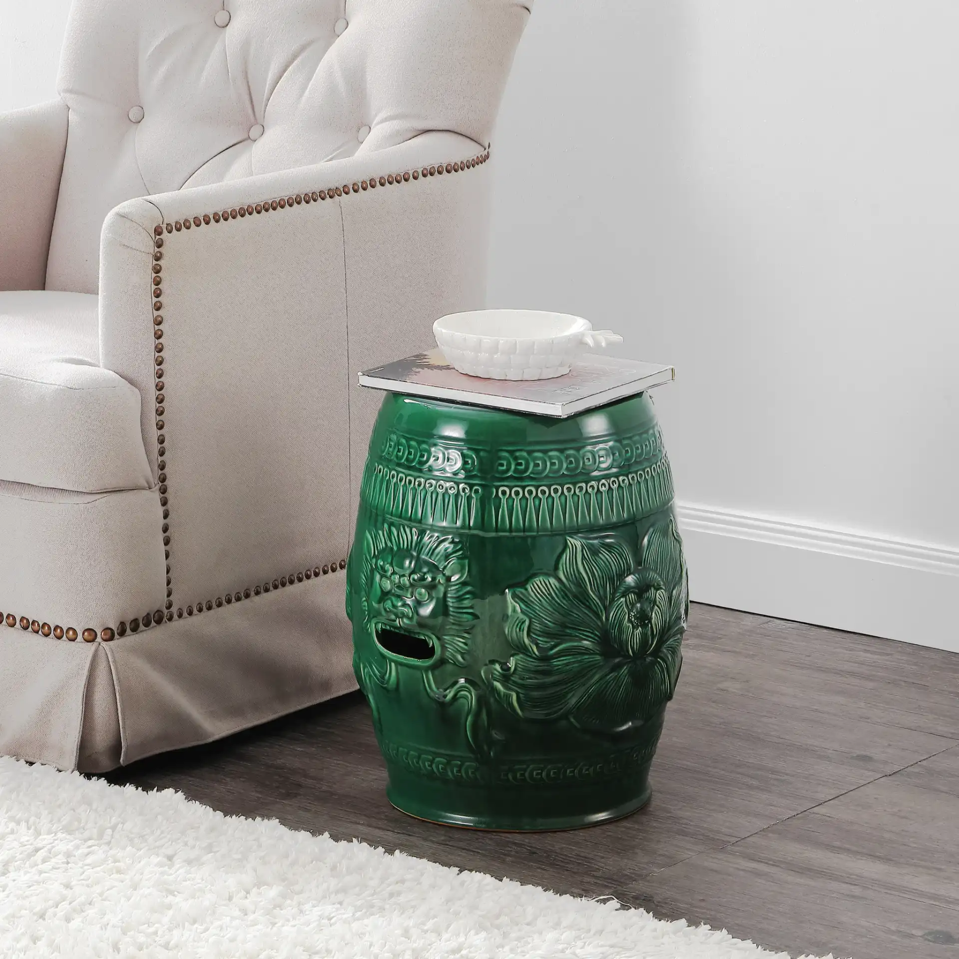 Chinese Dragon Stool in Green in a styled room