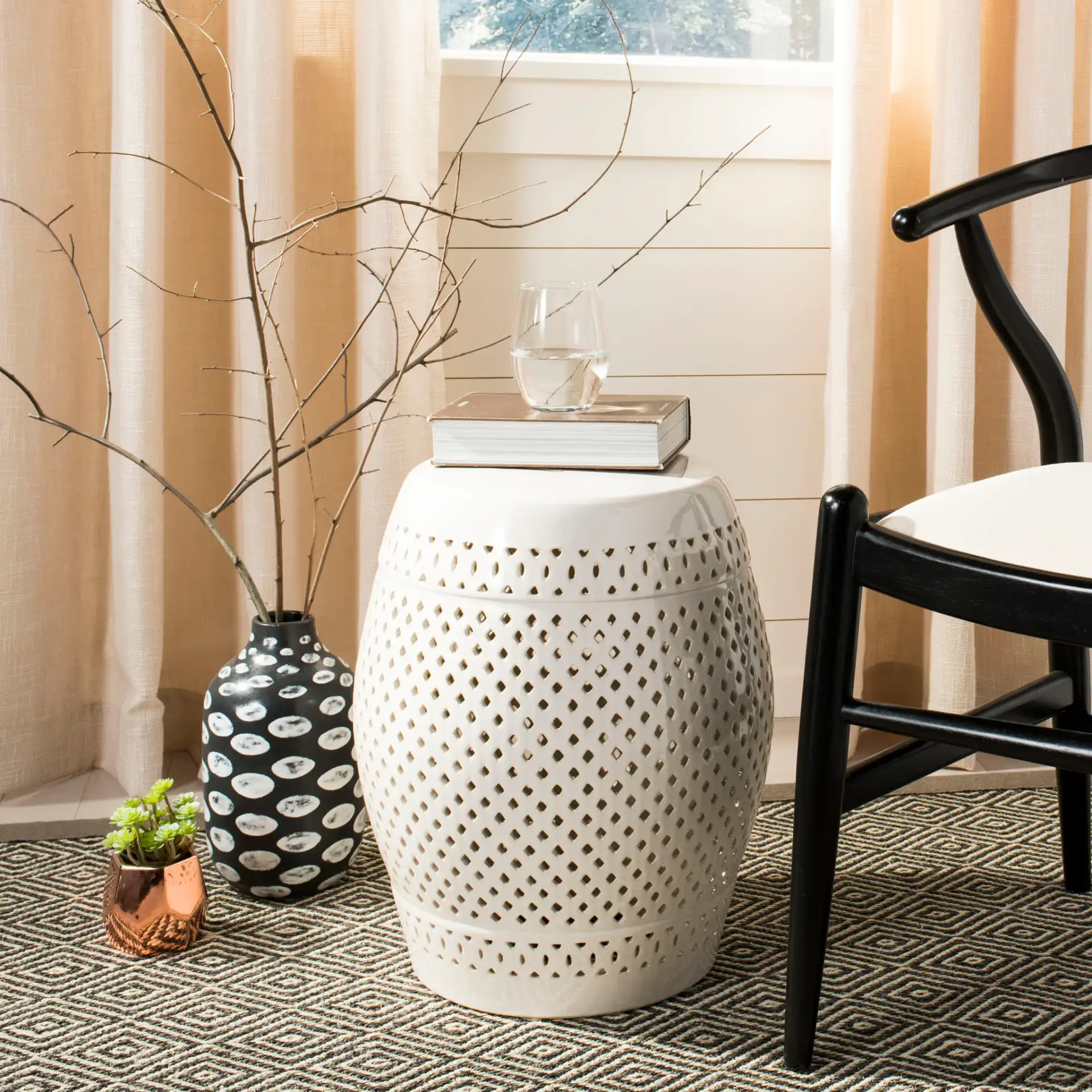 Diamond Garden Stool in White in a styled room
