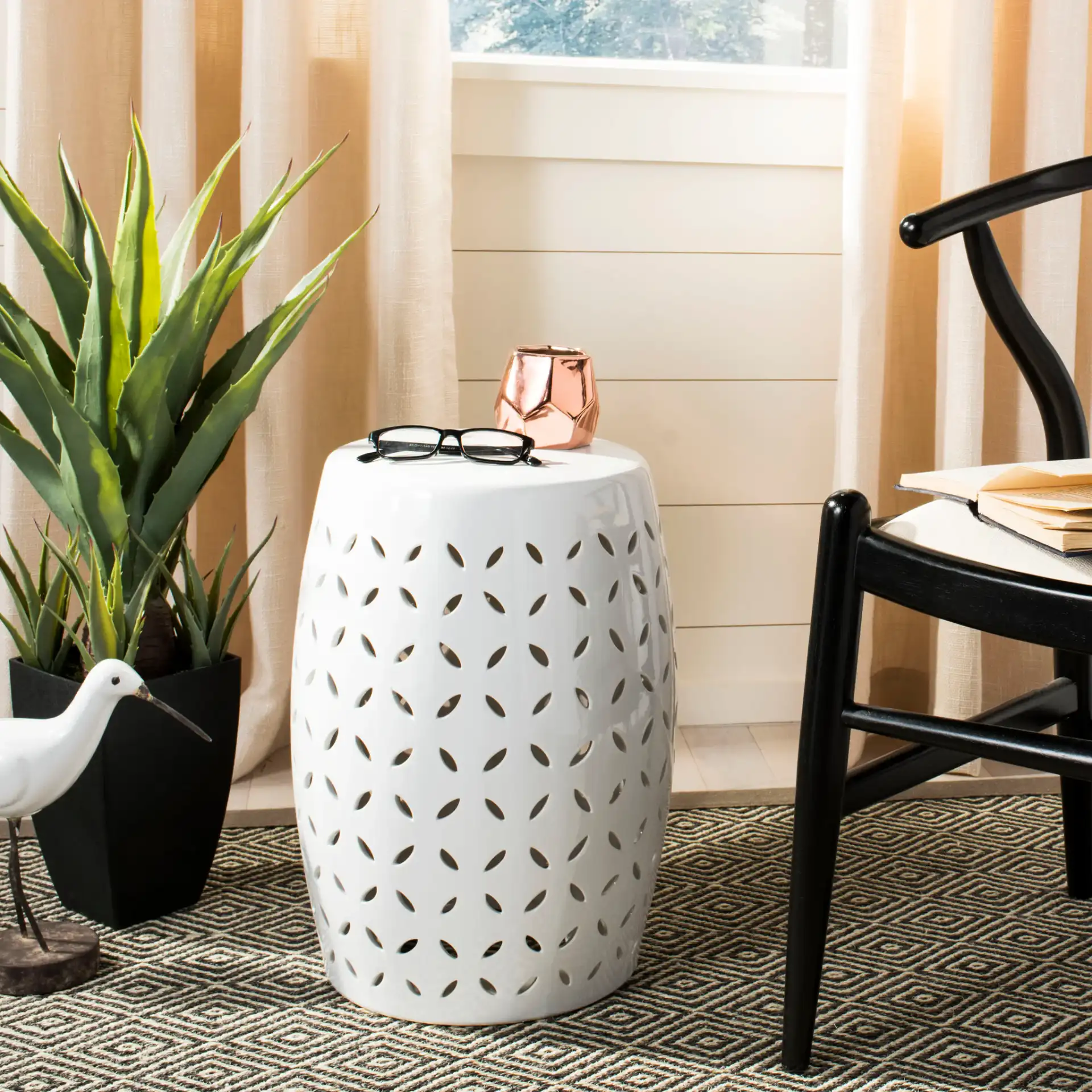 Lattice Petal Garden Stool in White in a styled room