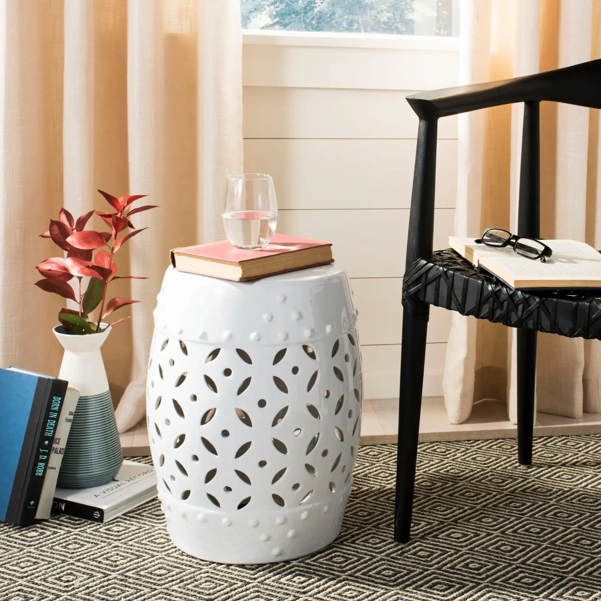Lattice Coin Stool in White in a styled room