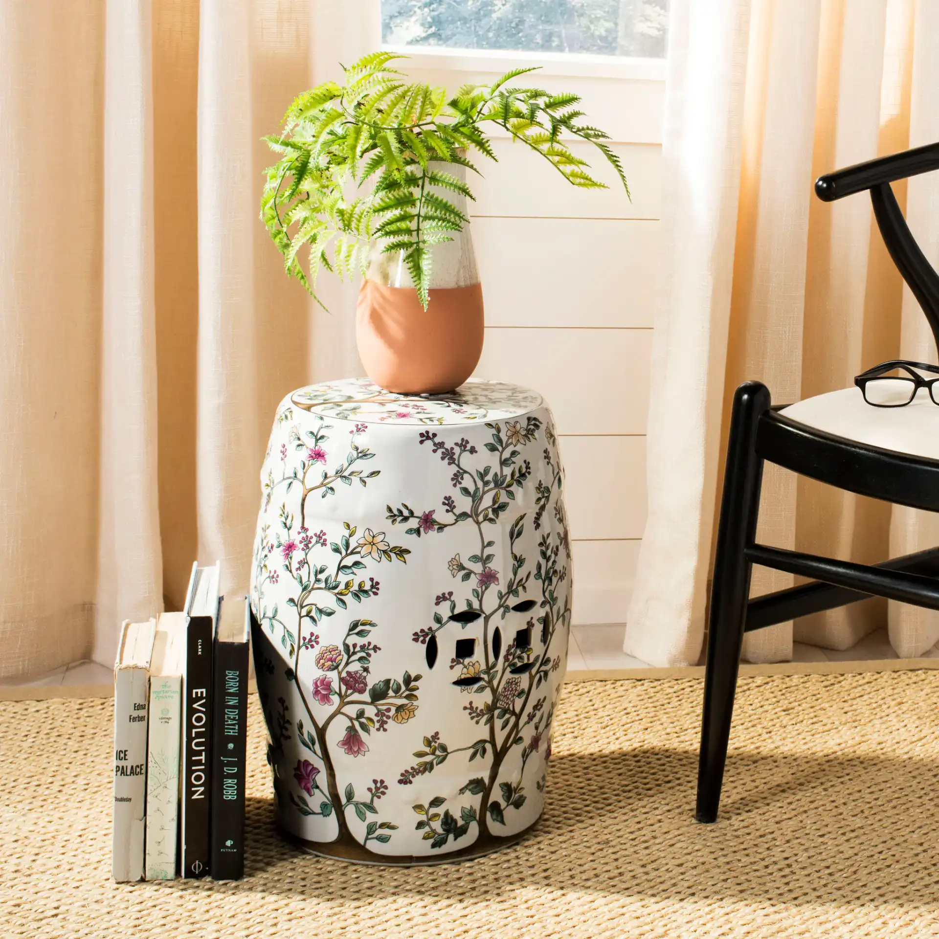 Blooming Tree Garden Stool in White in a styled room