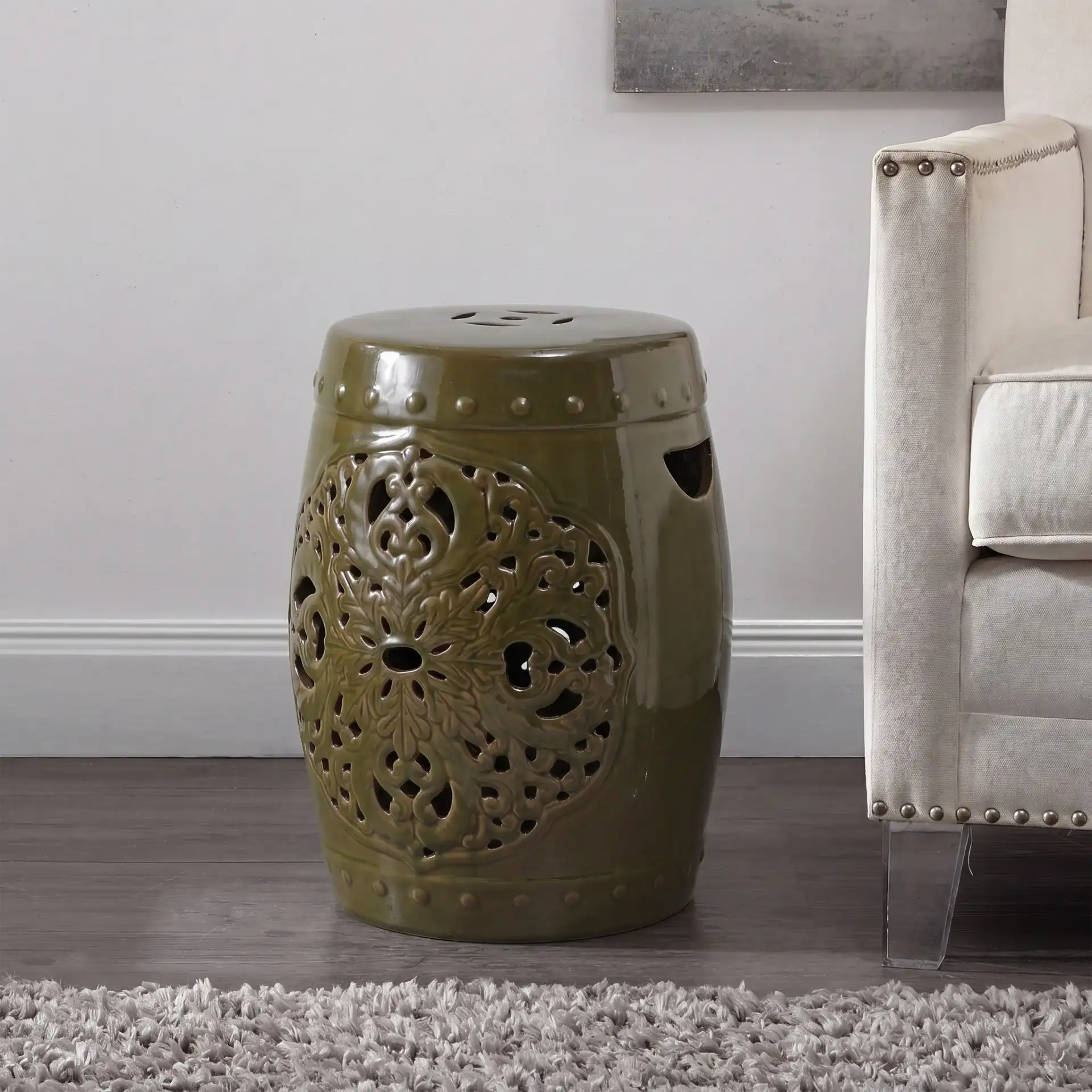 Flora Garden Stool in Spring Green in a styled room