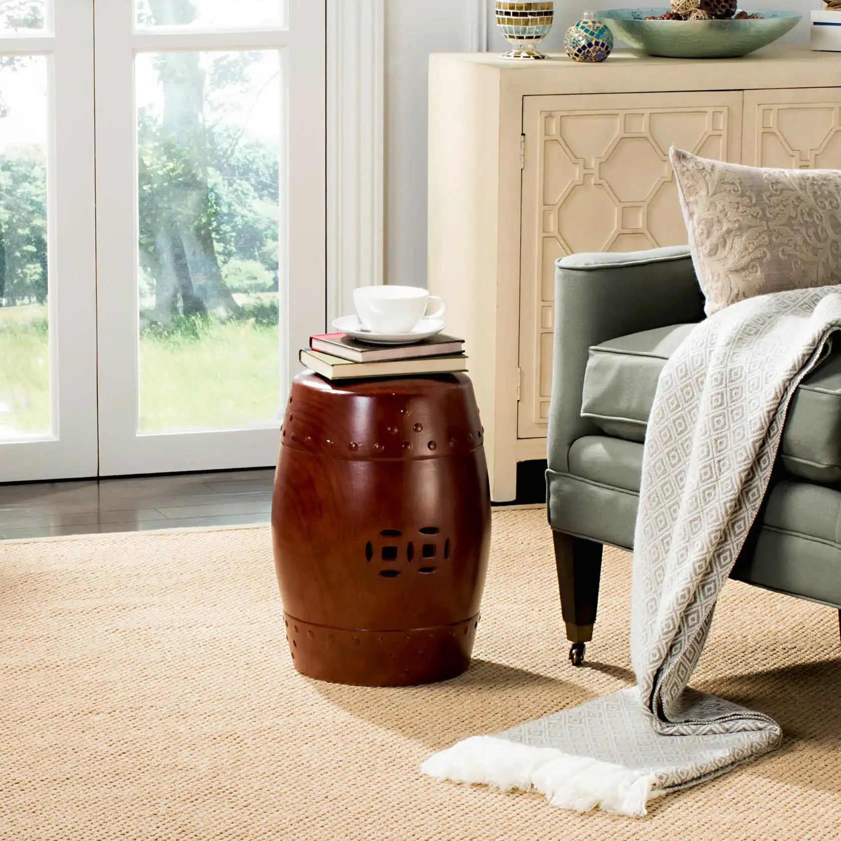 Ming Forest Garden Stool in Red in a styled room