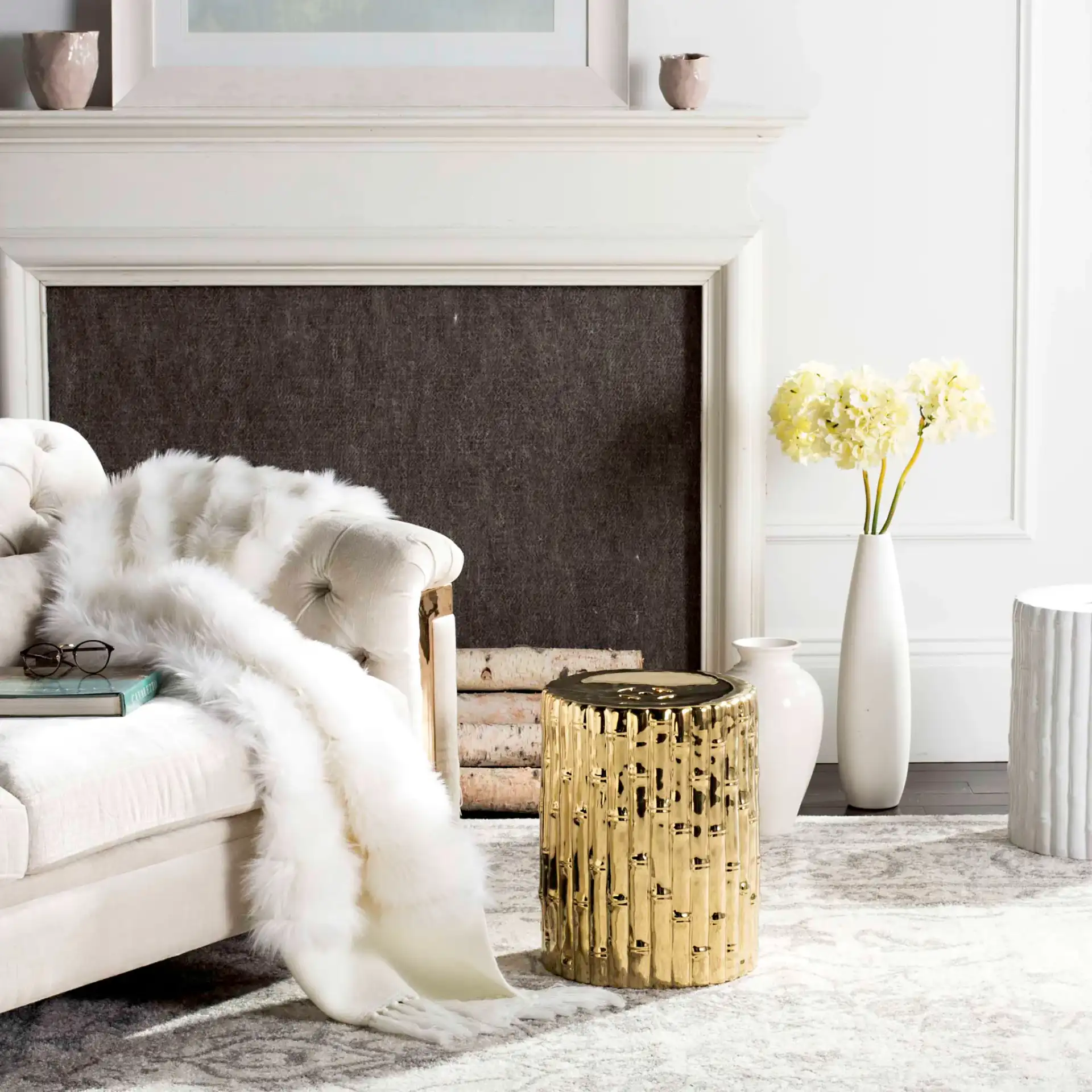 Bamboo Garden Stool in White in a styled room
