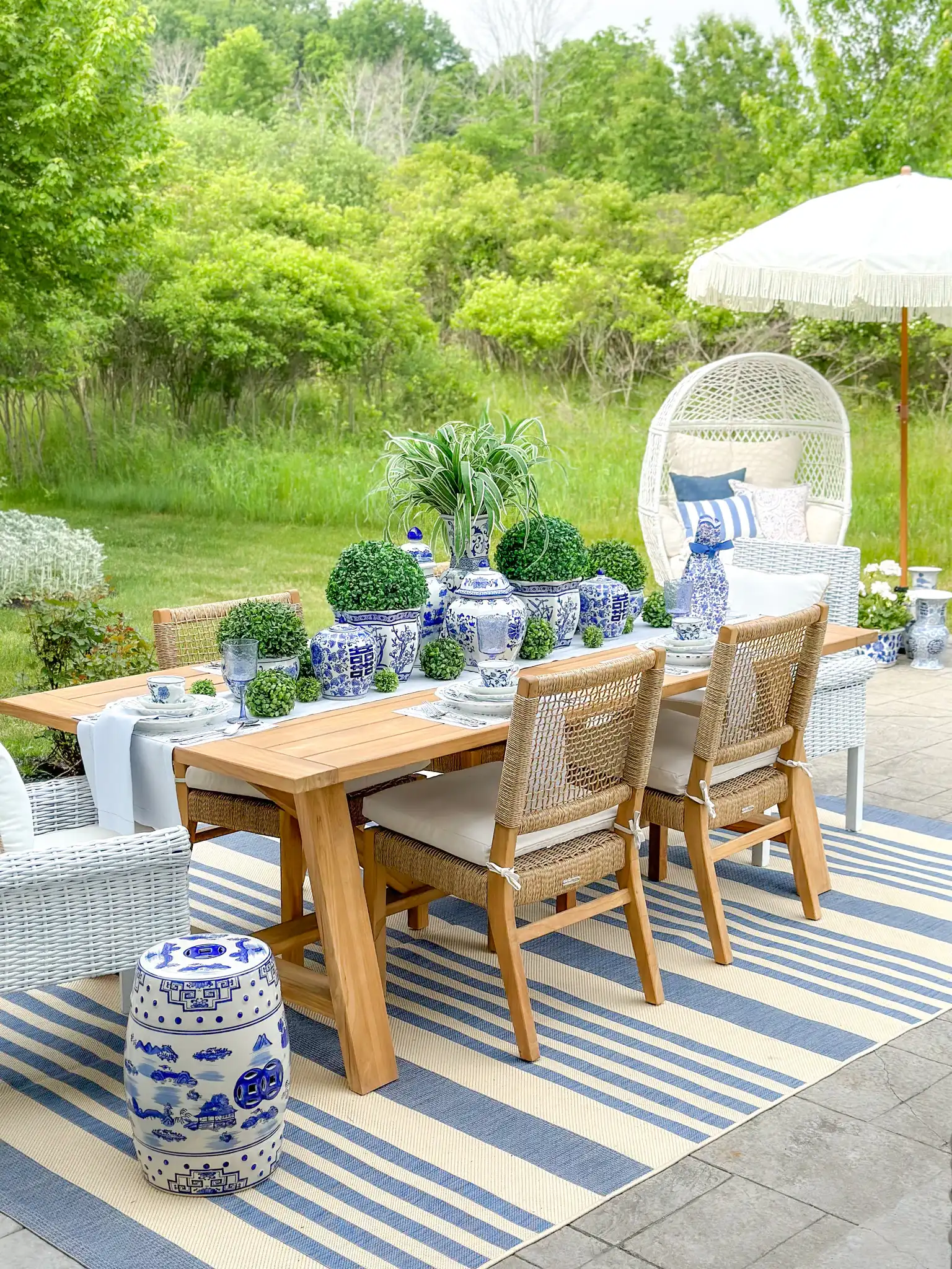 Gateless Mist Garden Stool in Blue in a styled room
