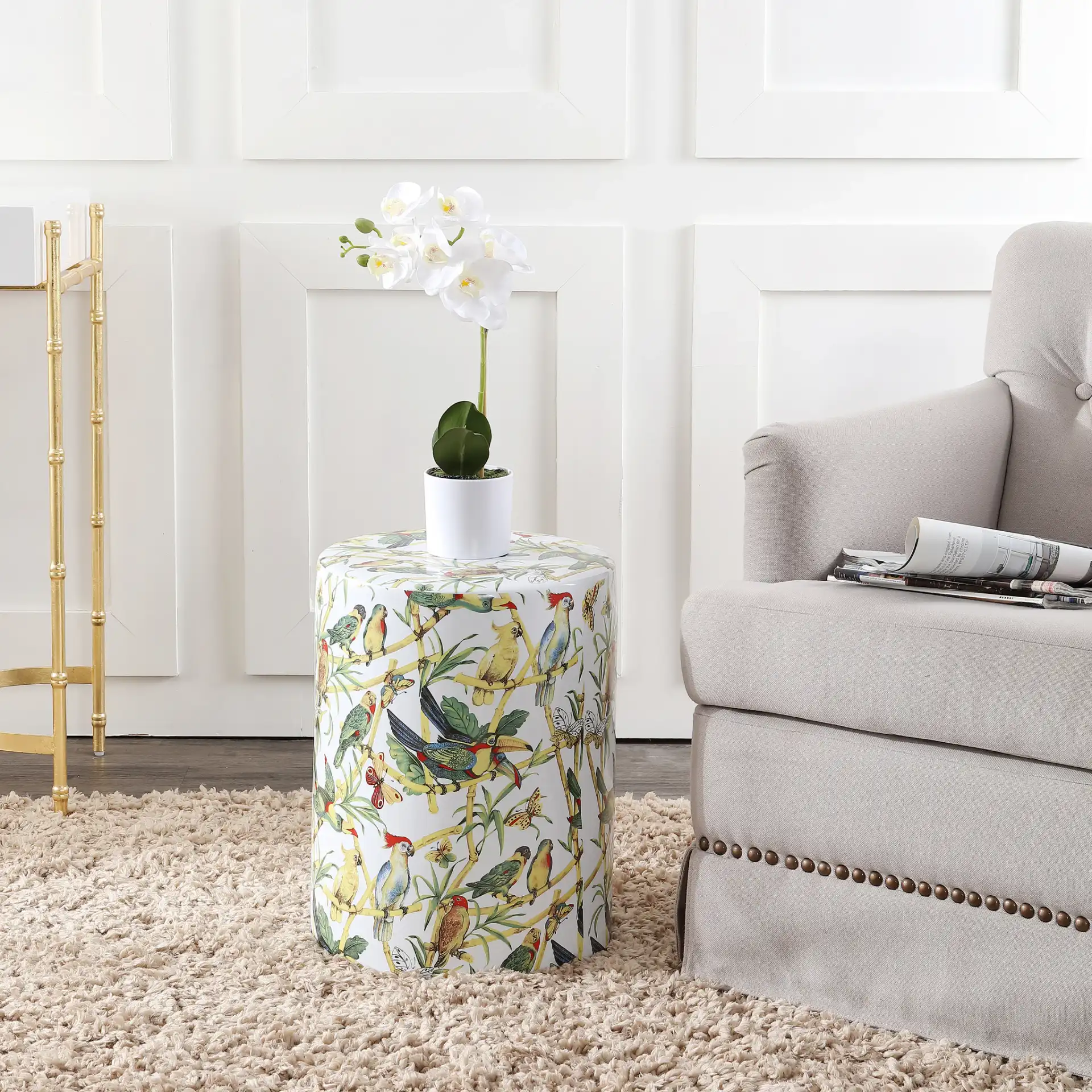 Forla Garden Stool in Multicolor in a styled room