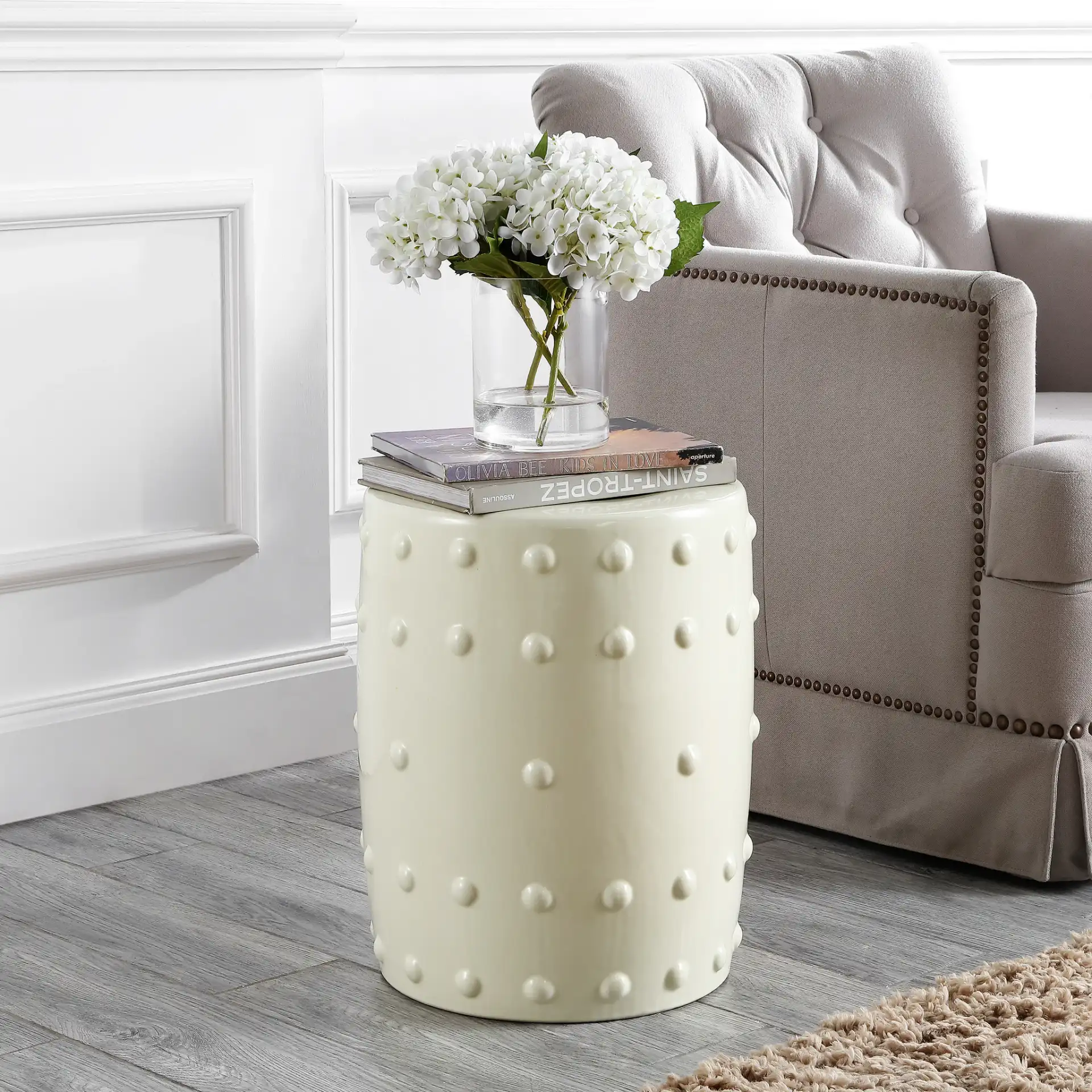Pashet Garden Stool in Gray in a styled room
