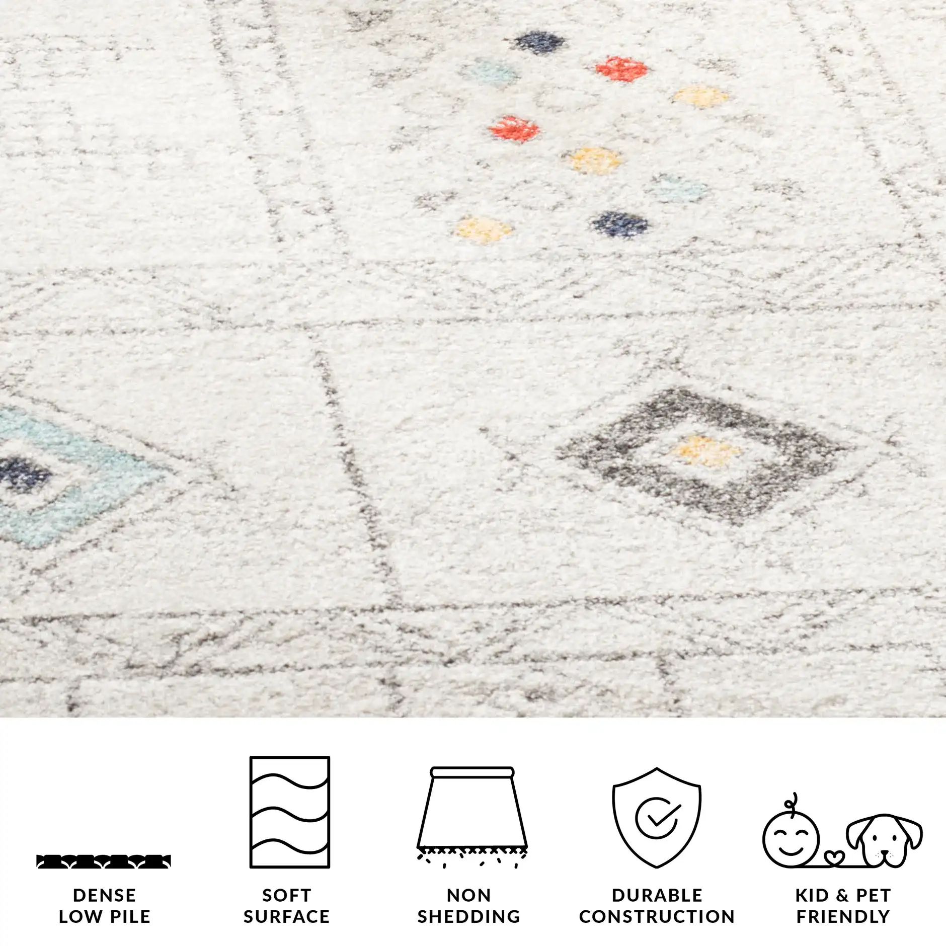Adirondack Tribal Patchwork Rug in Light Gray / Aqua in a styled room