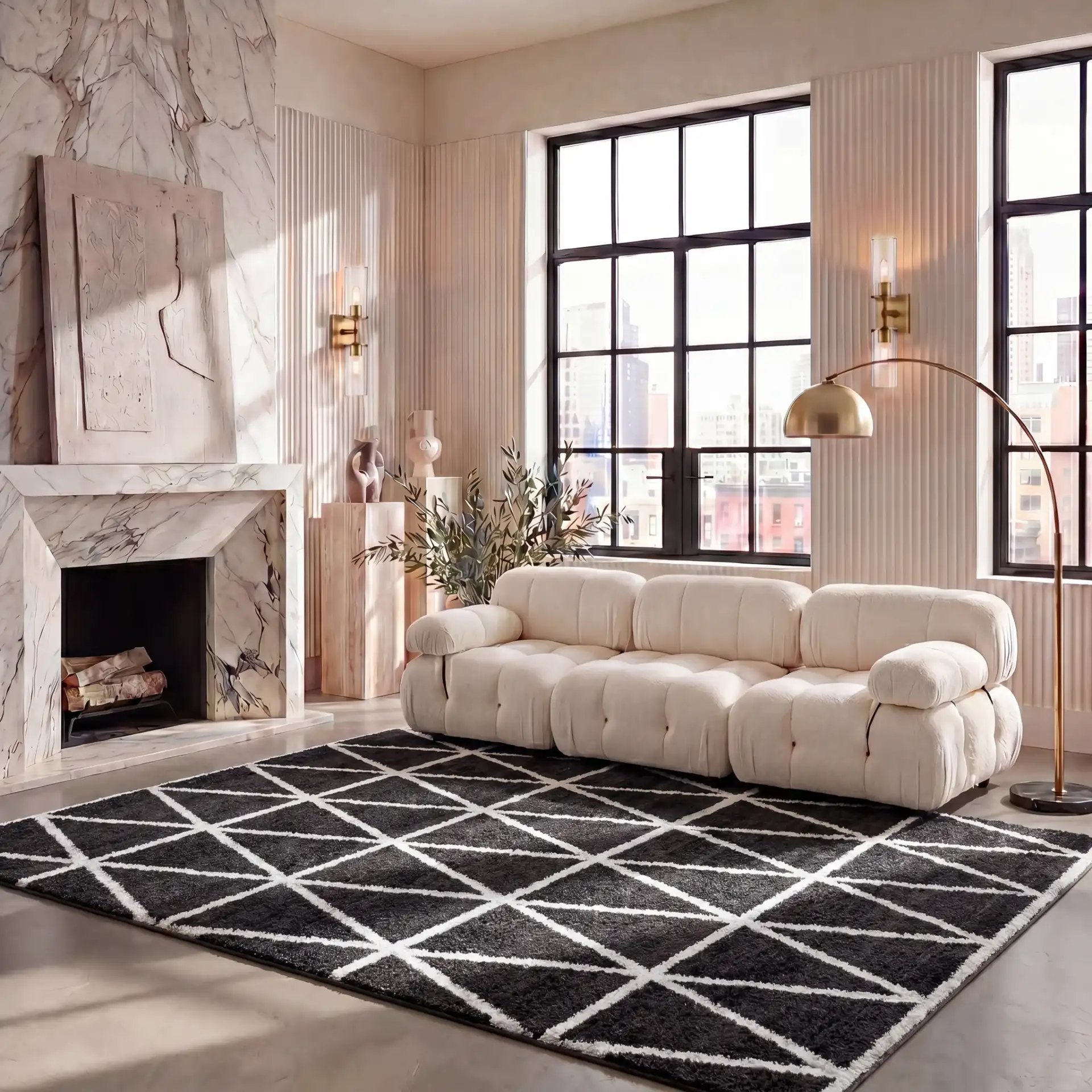 Adirondack Triangle Grid Rug in Black / Ivory in a styled room