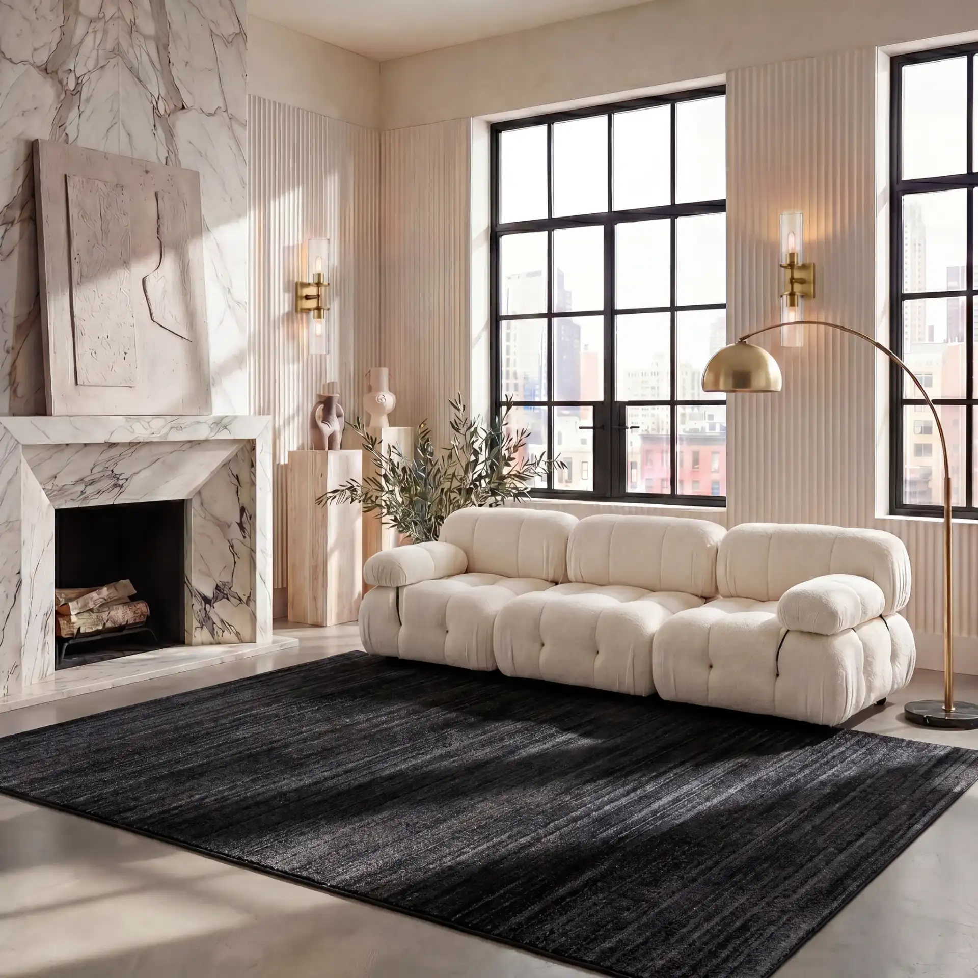 Adirondack Linear Striated Rug in Black / Ivory in a styled room