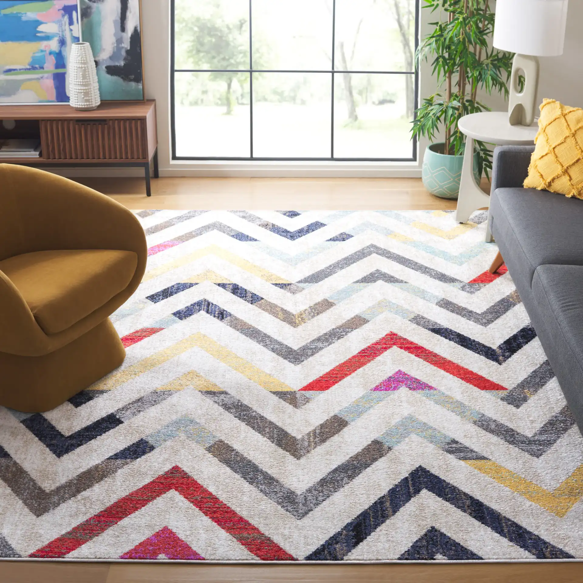 Adirondack Zigzag Rug in Ivory / Gray Rust in a styled room