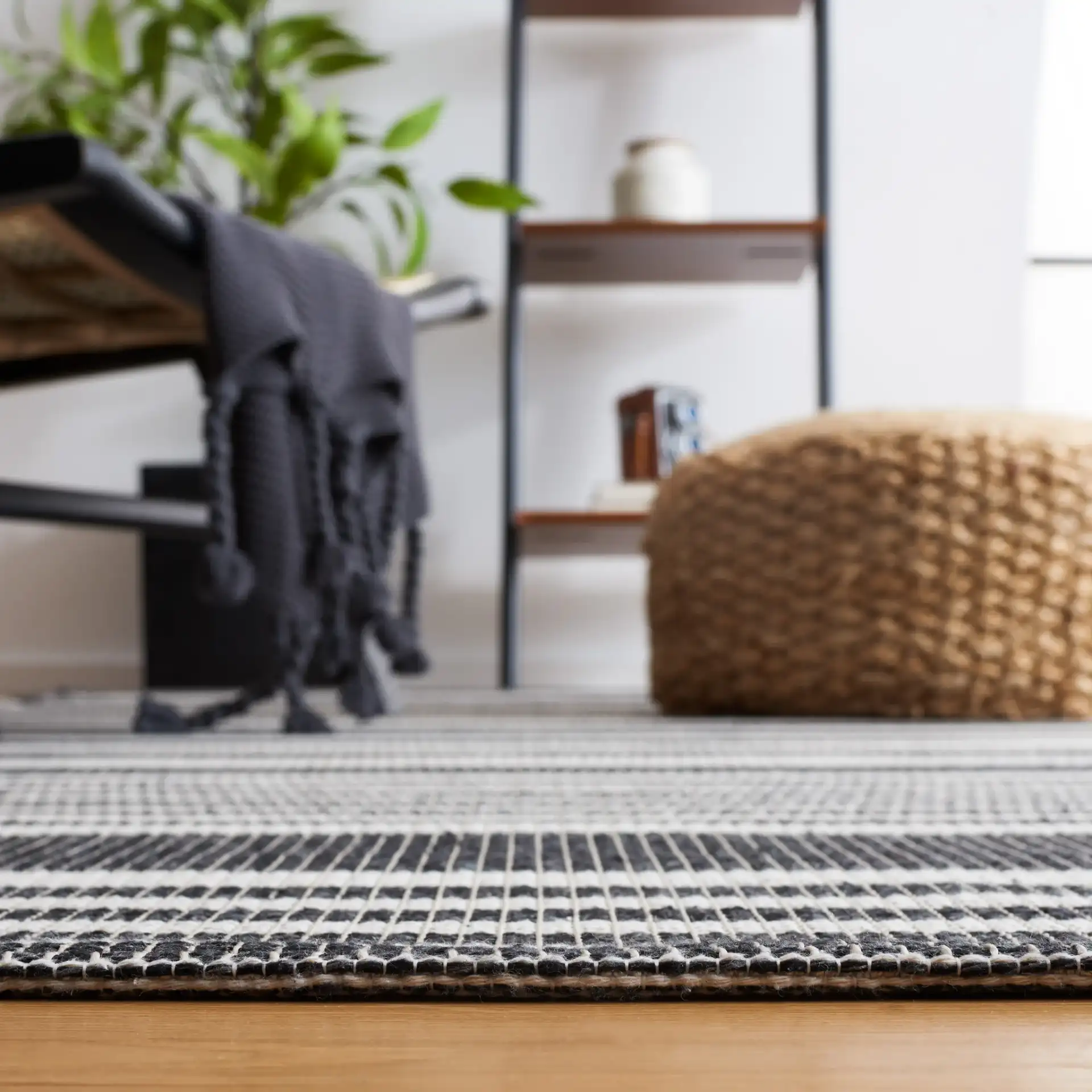 Augustine Striped Rug in Ivory / Black in a styled room