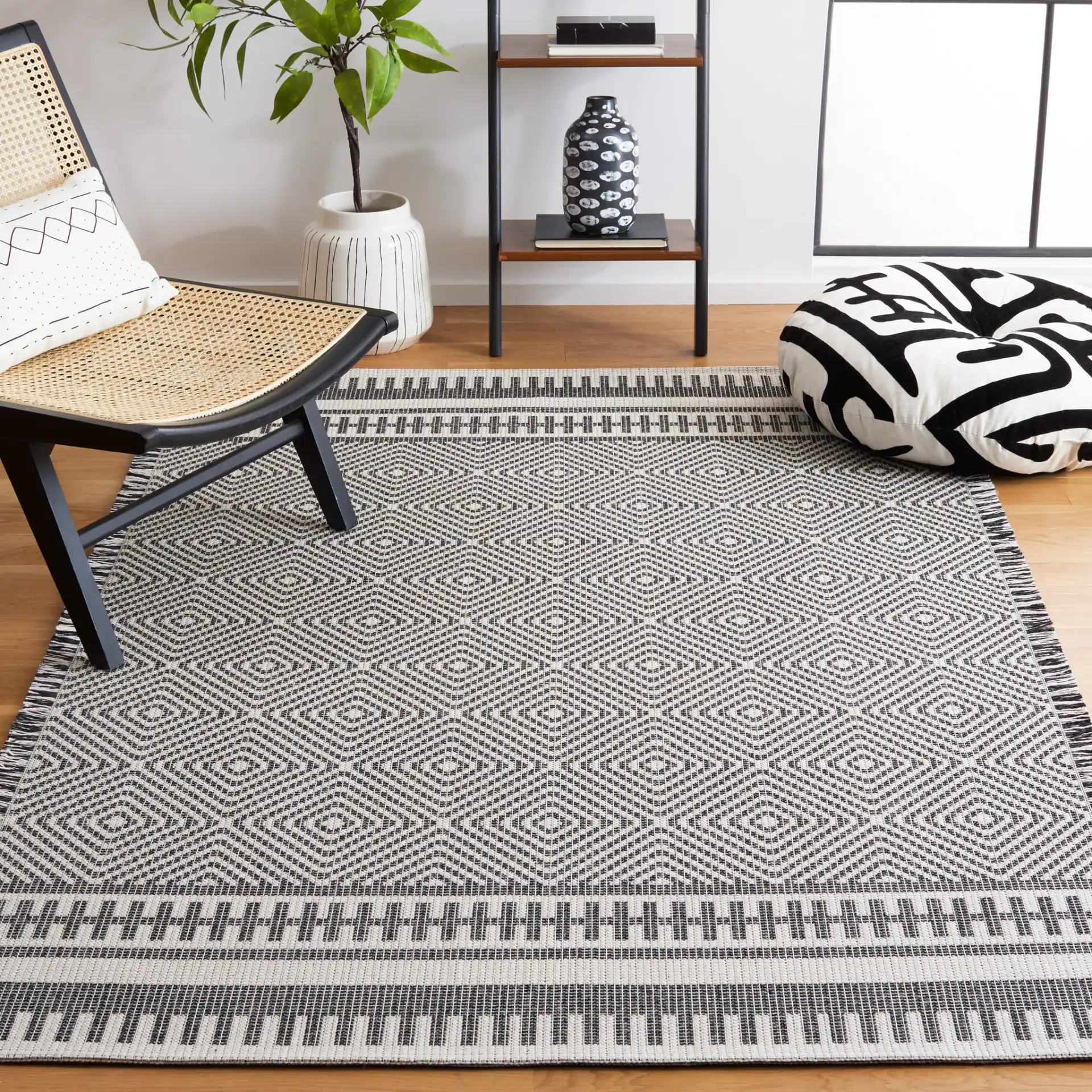 Augustine Nested Diamond Rug in Ivory / Black in a styled room