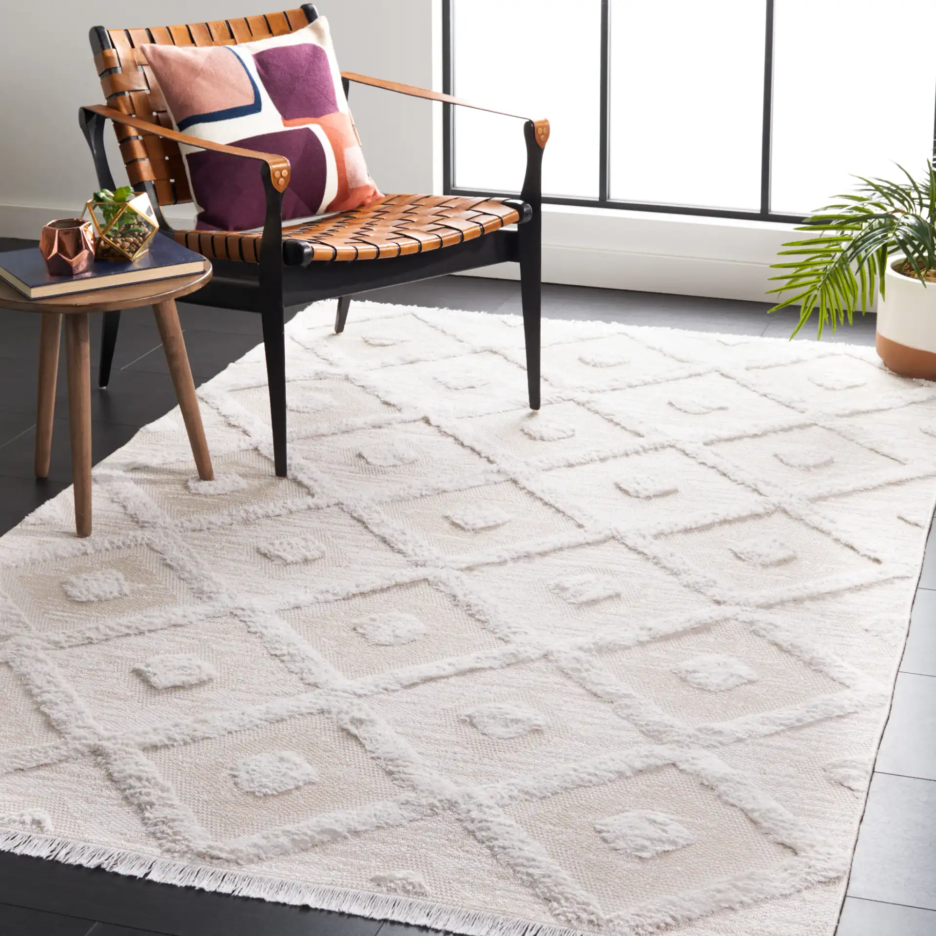 Augustine Diamond Grid Rug in Beige / Ivory in a styled room