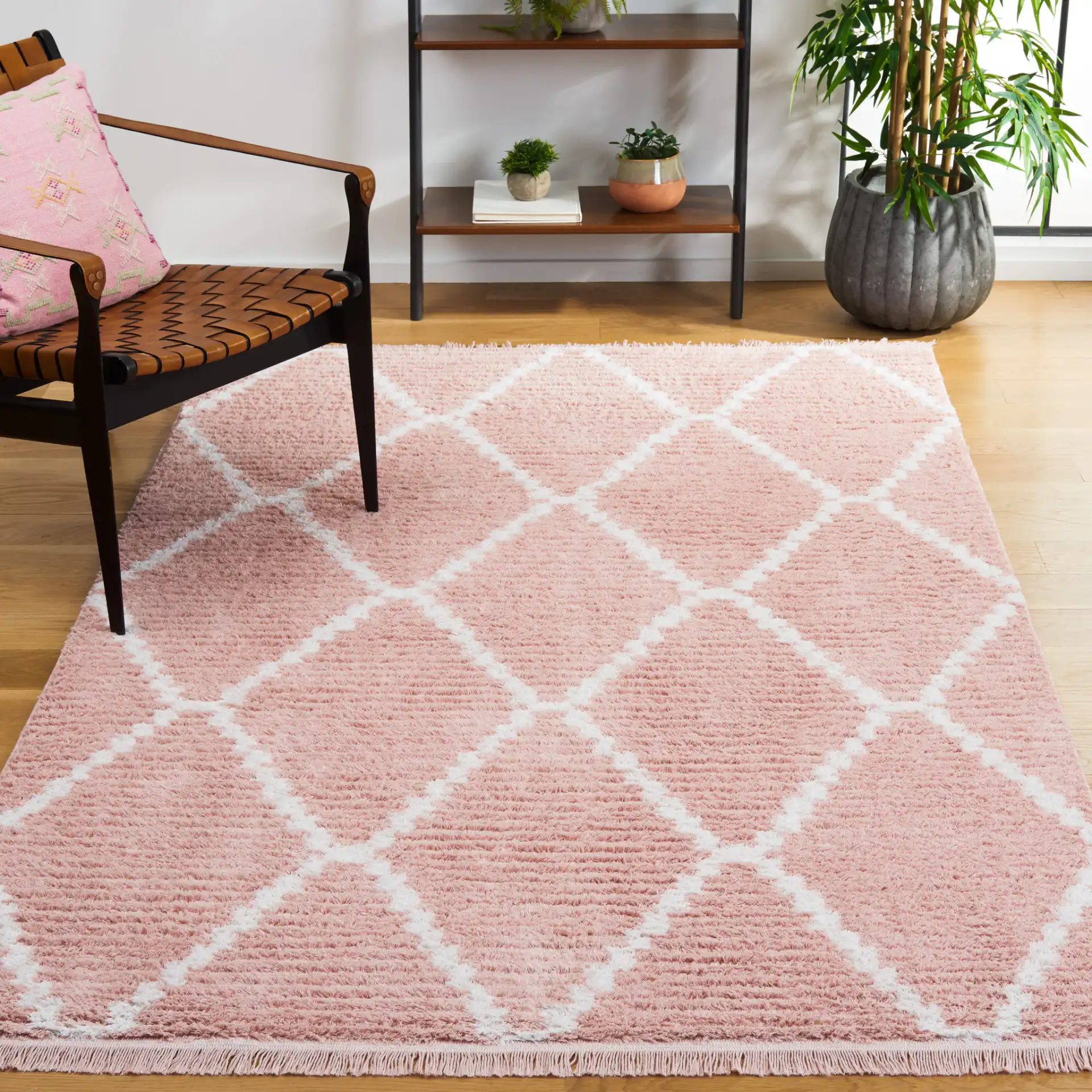 Augustine Diamond Trellis Rug in Pink / Ivory in a styled room