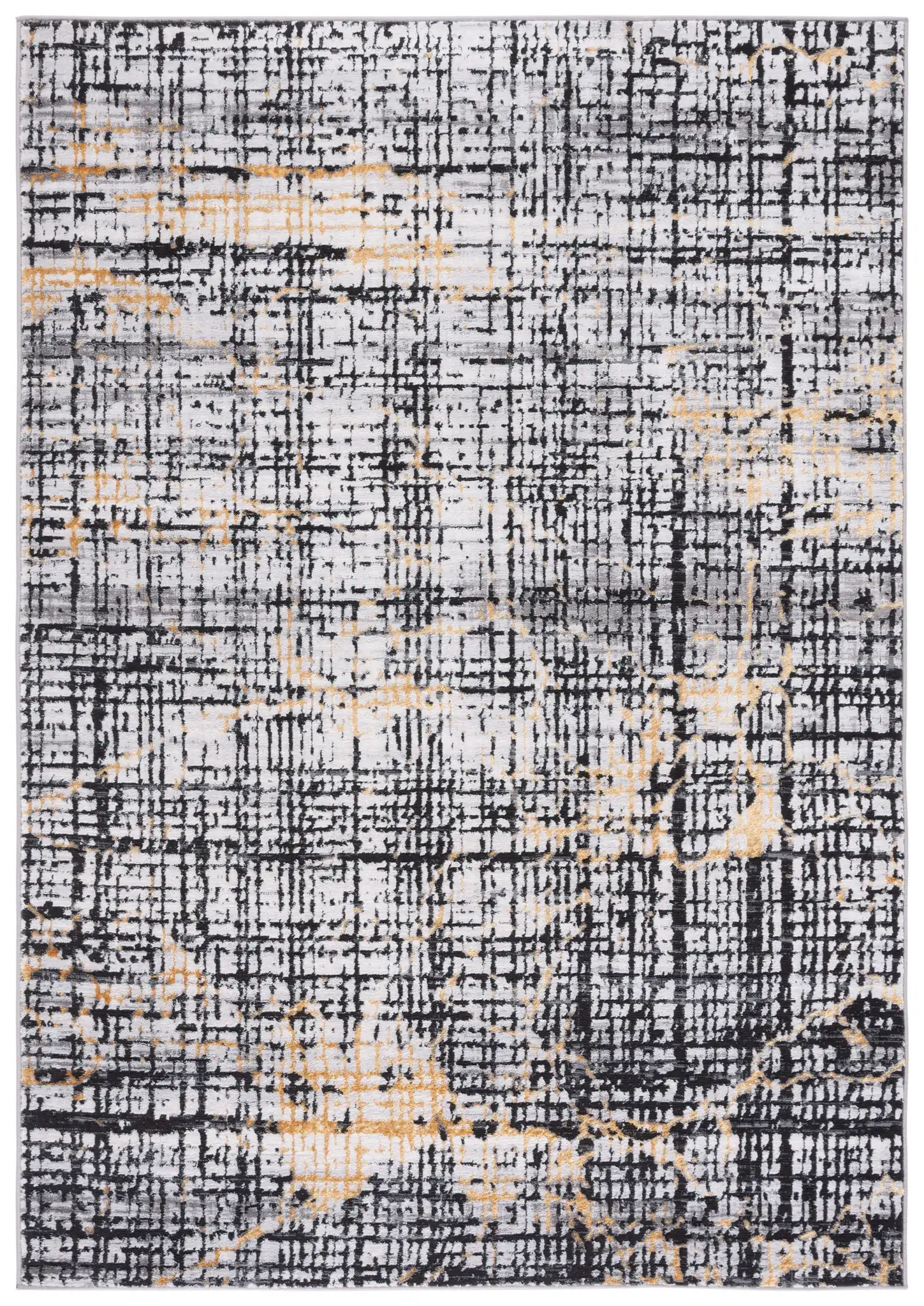 Amelia Distressed Grid Rug in Charcoal / Gold