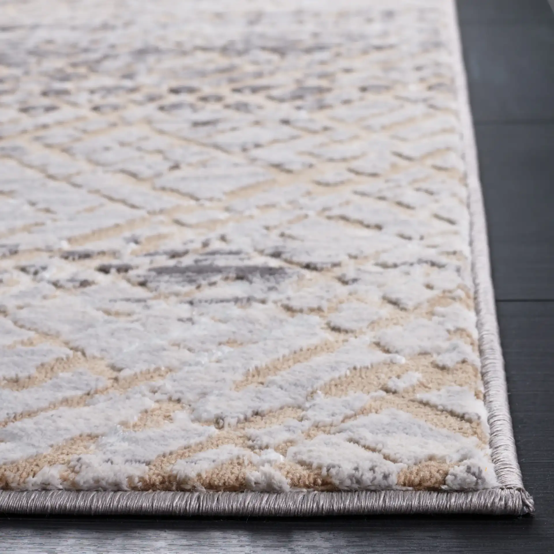 Amelia Distressed Trellis Rug in Gray / Beige in a styled room