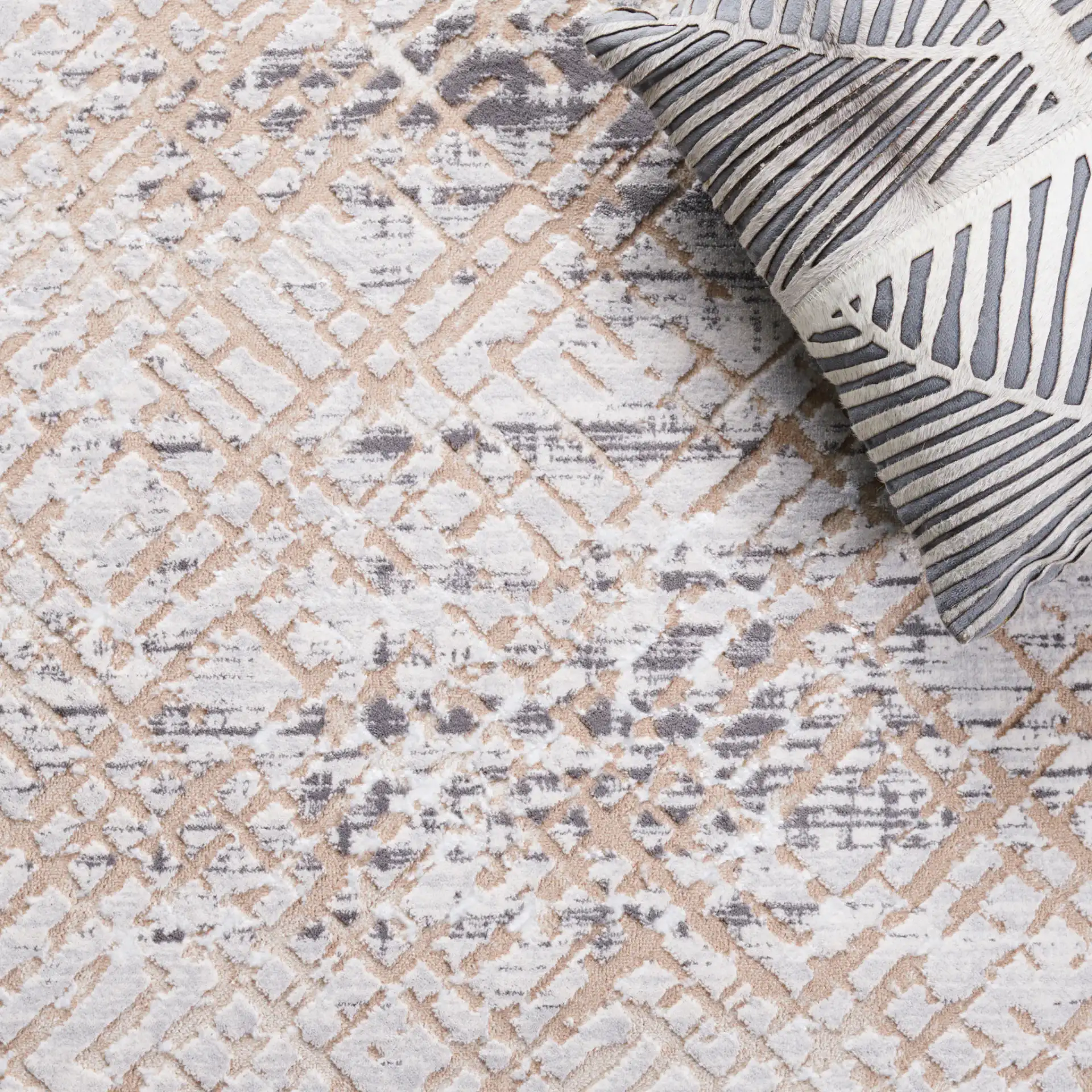 Amelia Distressed Trellis Rug in Gray / Beige in a styled room