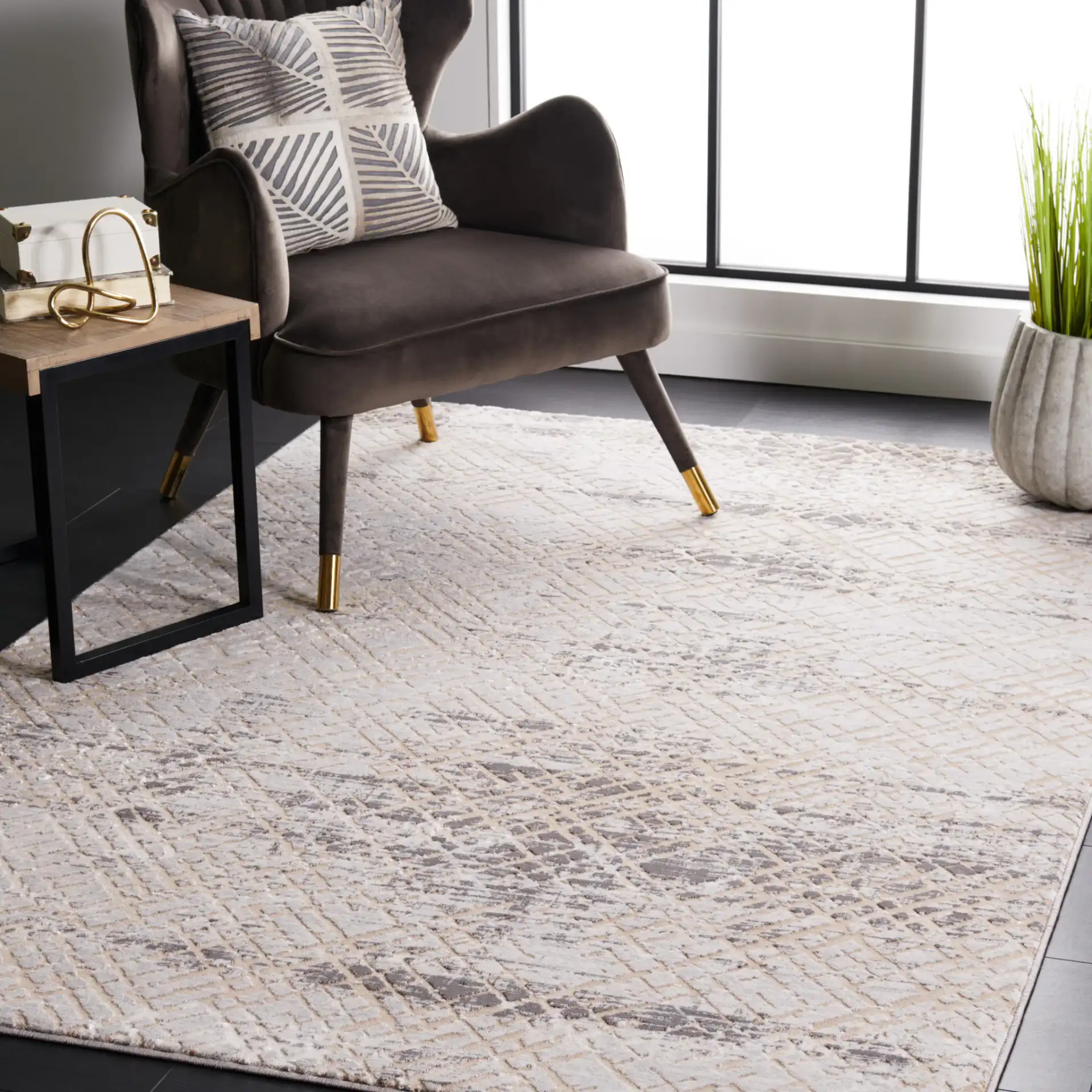 Amelia Distressed Trellis Rug in Gray / Beige in a styled room