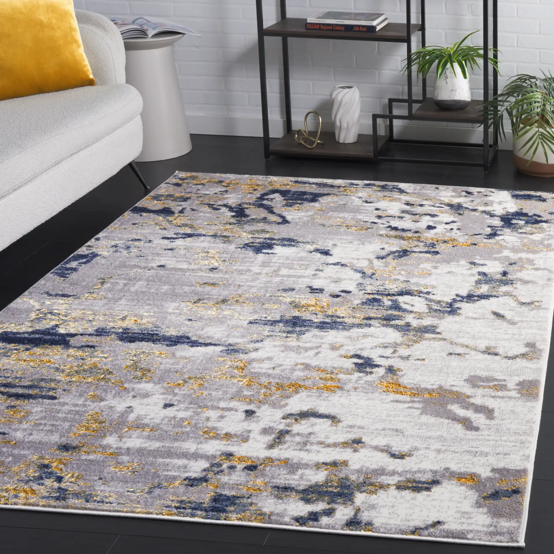 Amelia Abstract Painterly Rug in Ivory / Gray in a styled room
