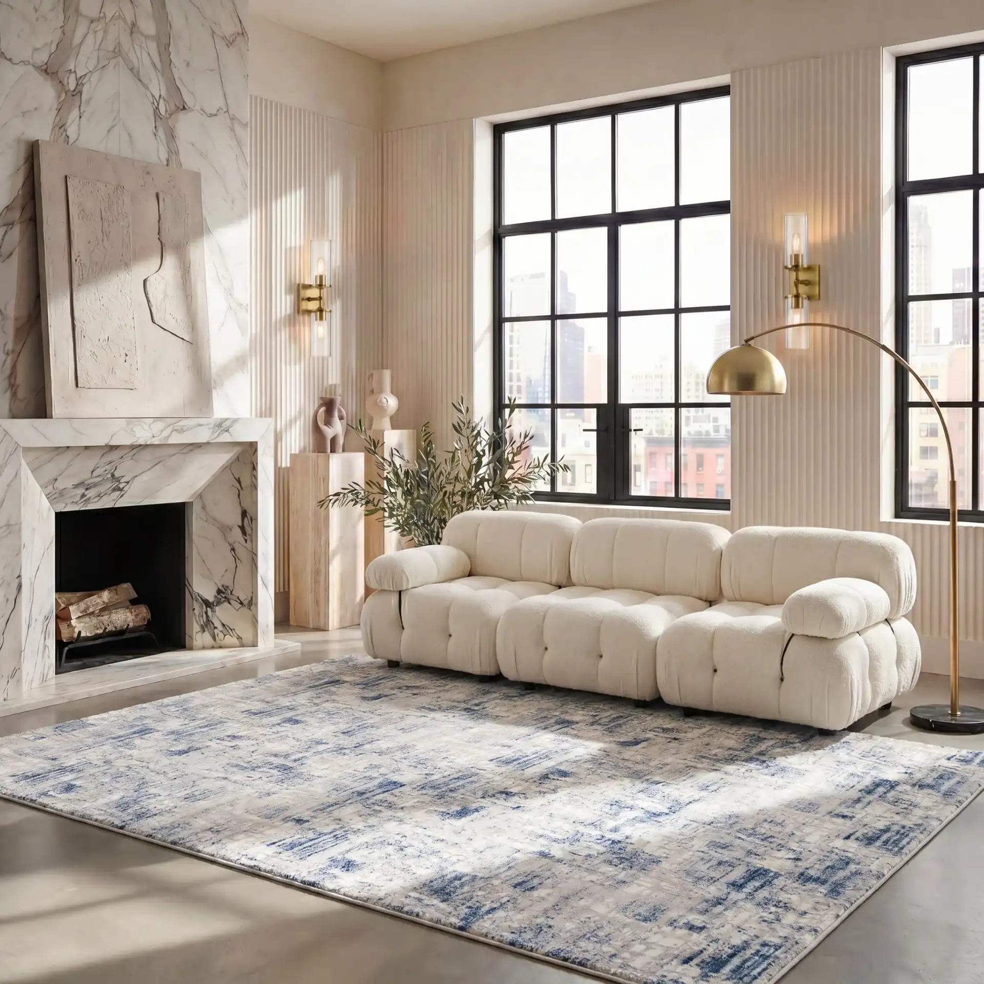 Amelia Abstract Grid Rug in Blue / Gray in a styled room