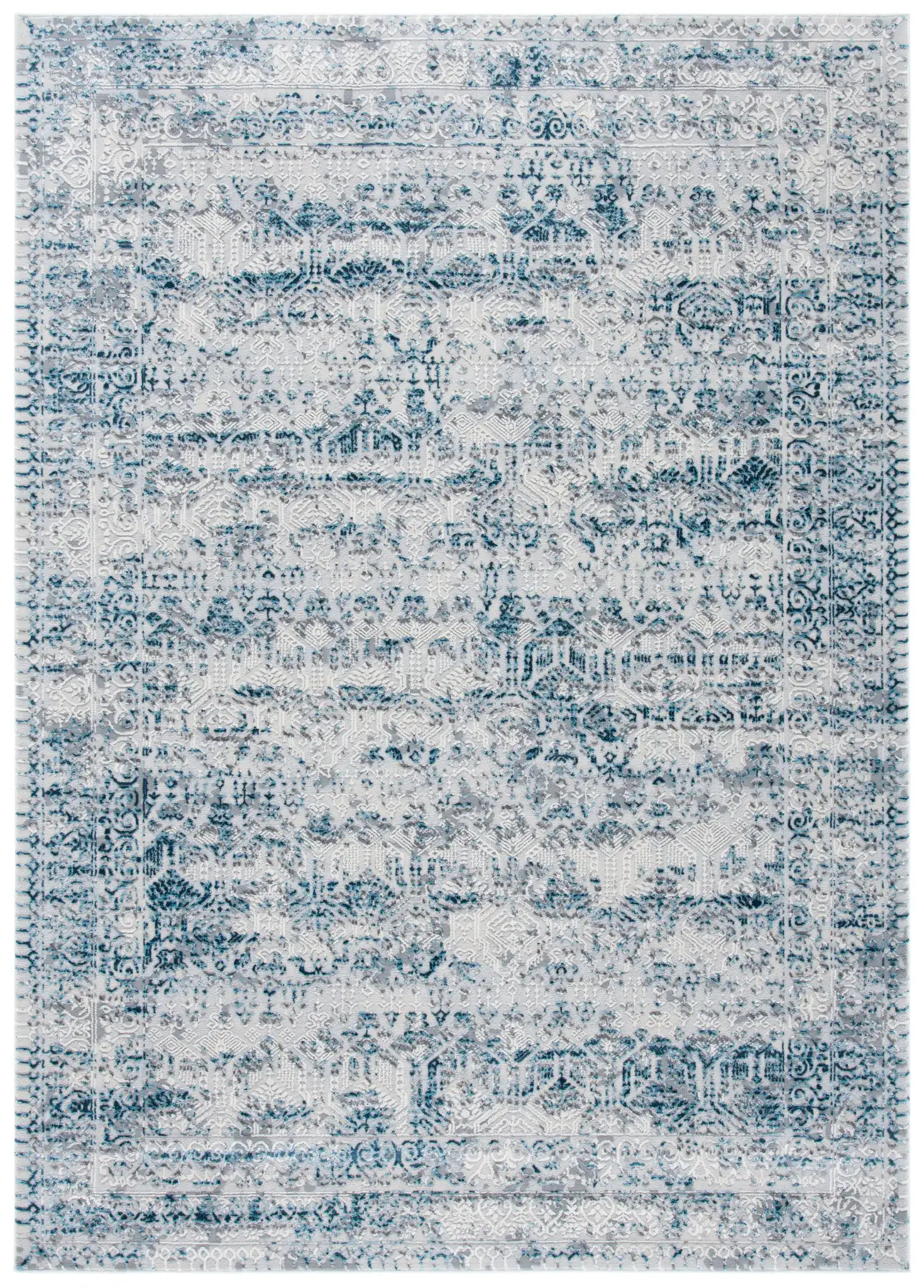 Alhambra Distressed Bordered Rug in Cream / Turquoise