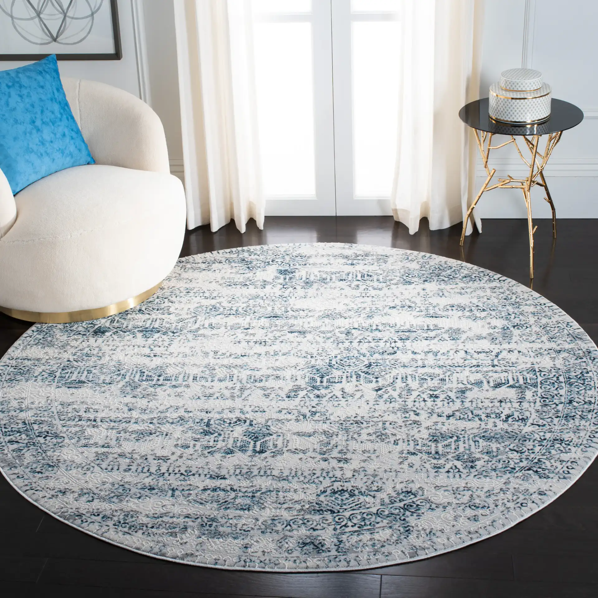 Alhambra Distressed Bordered Rug in Cream / Turquoise in a styled room