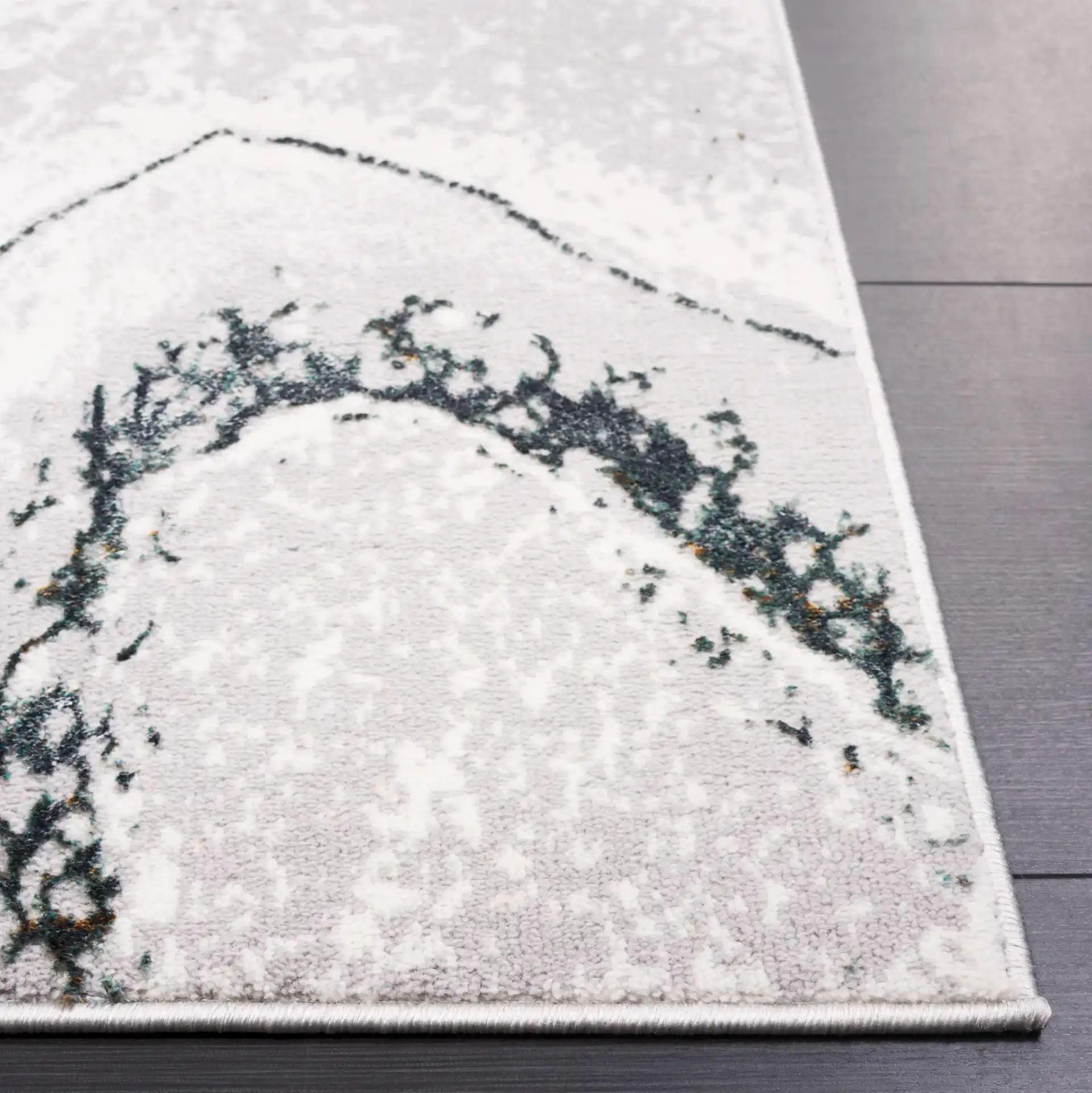 Alenia Marble Band Rug in Gray / Ivory in a styled room