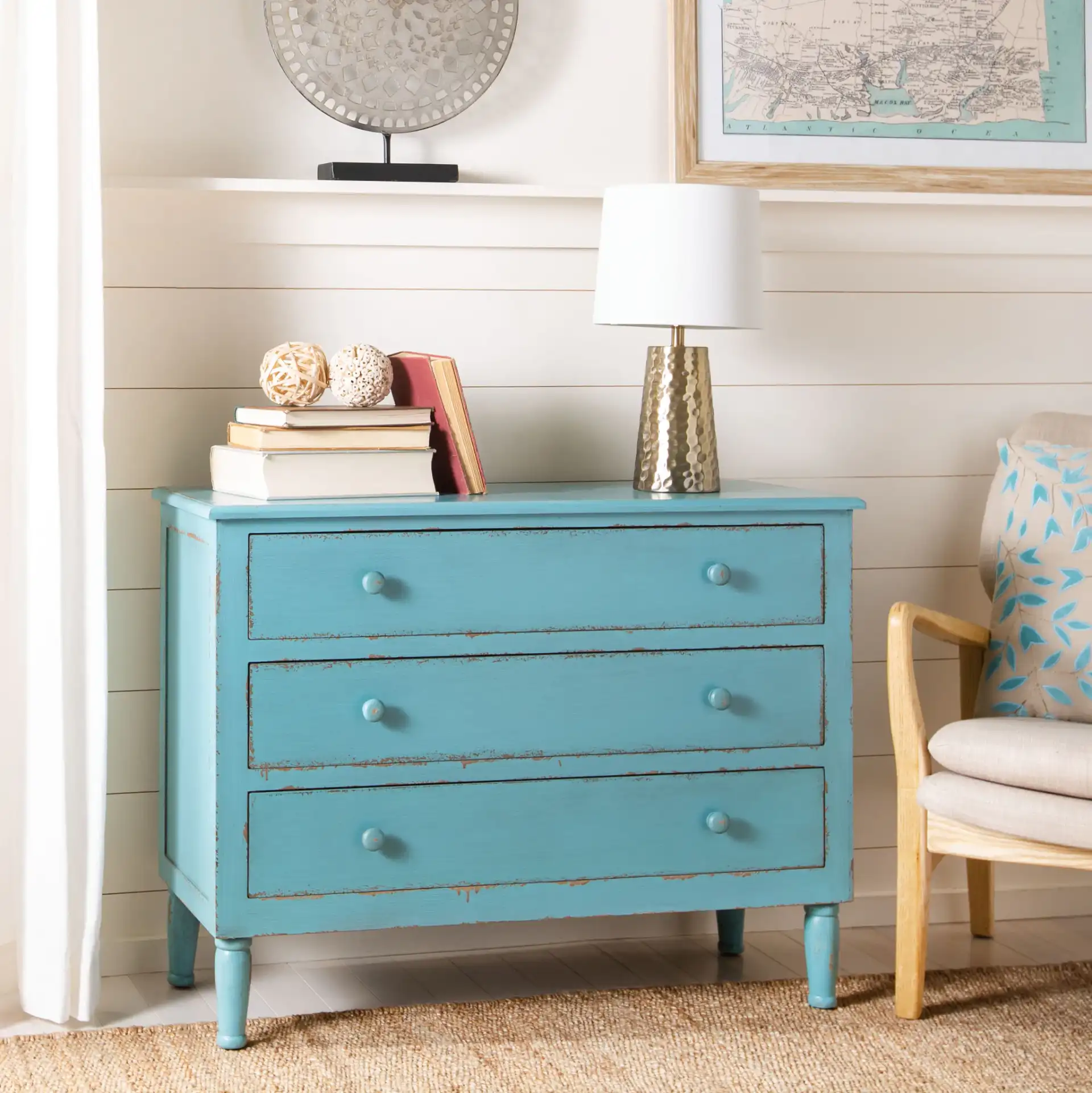 Talbot Chest in Distressed Blue in a styled room