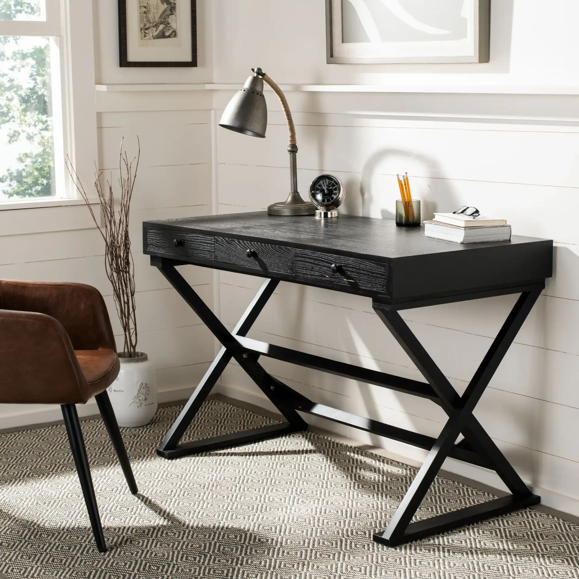 Gilbert Desk in Weathered Black in a styled room