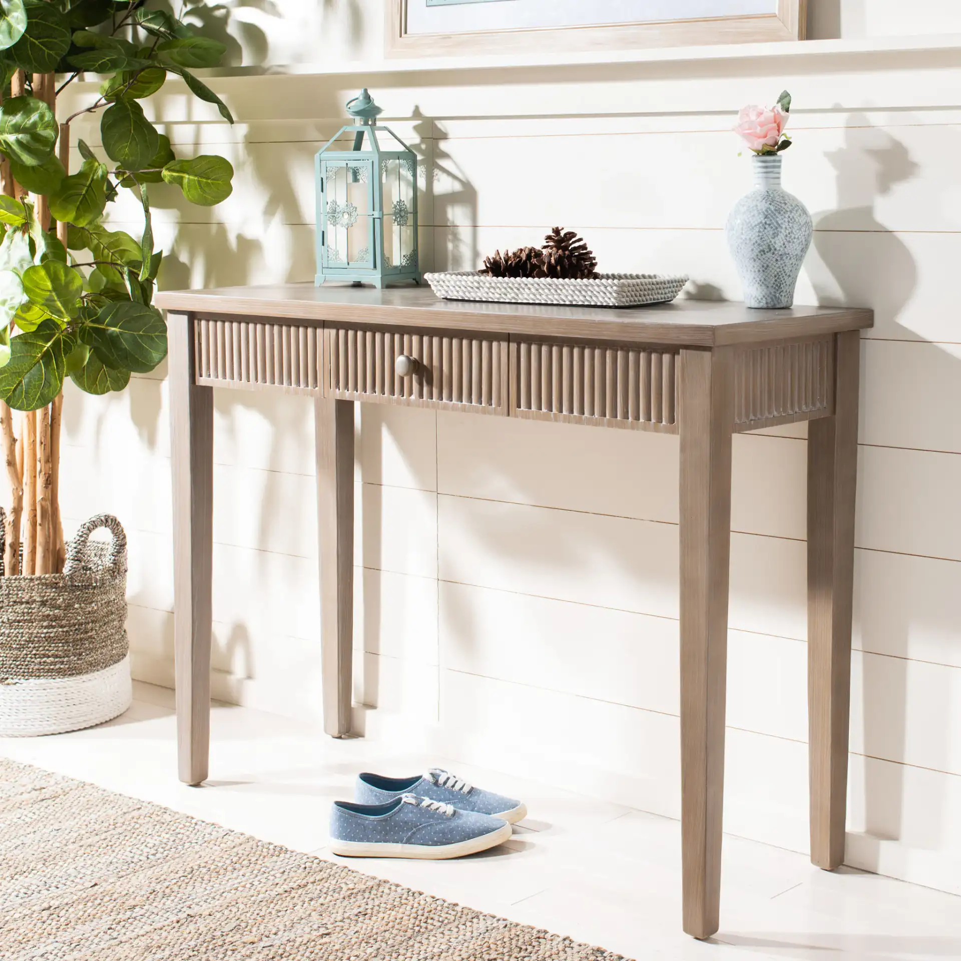 Beale Console in Taupe / Oak in a styled room