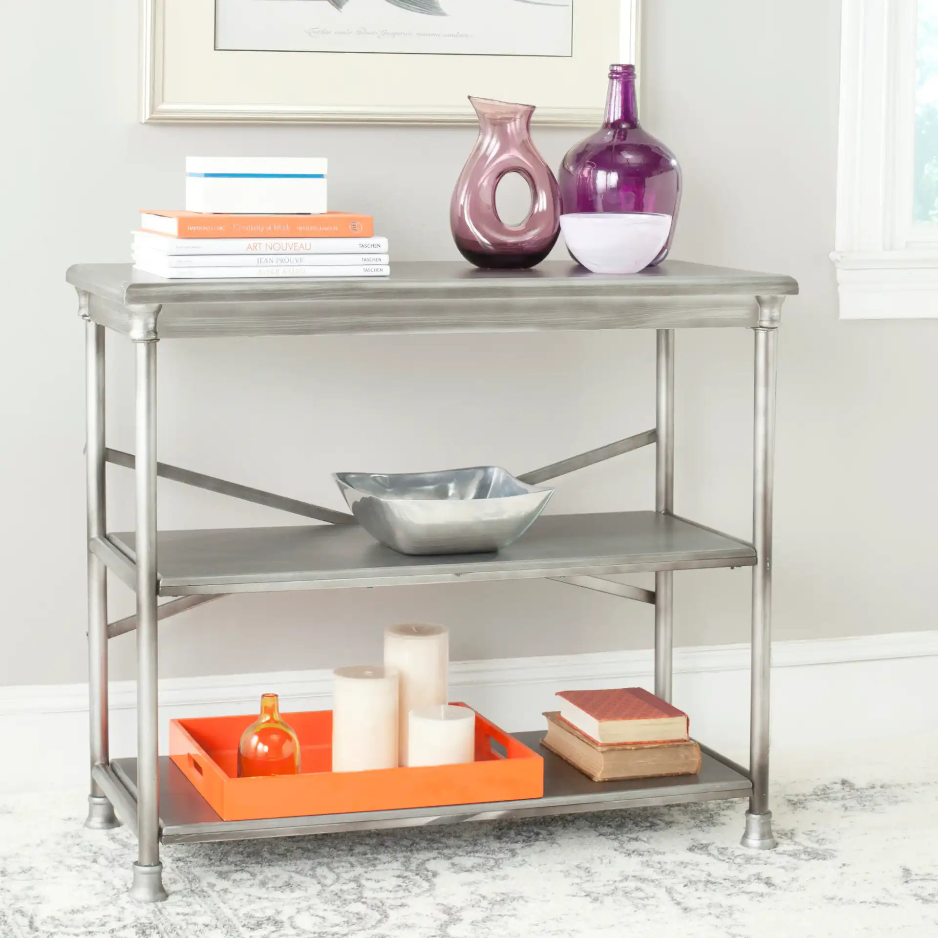 Jamison Medium Bookcase in Dark Silver in a styled room