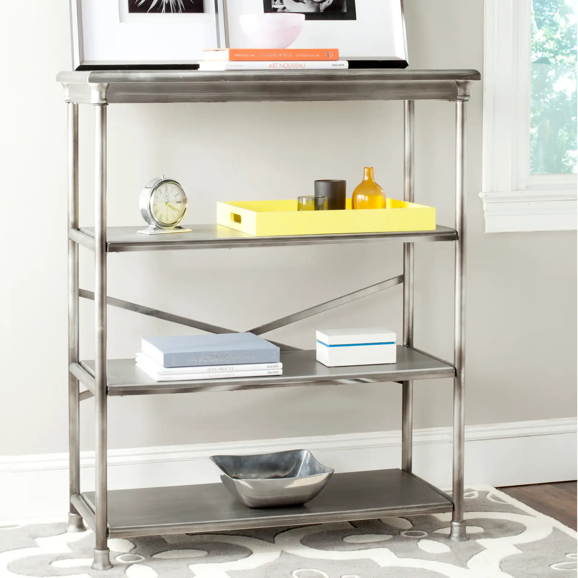 Jamison Large Bookcase in Dark Silver in a styled room