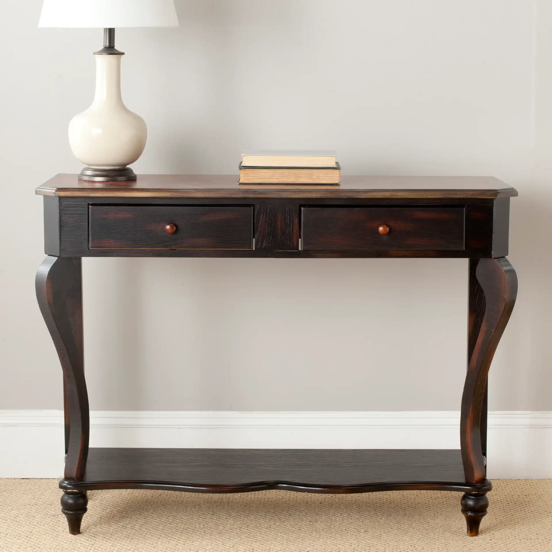 Katie Console in Blue / Oak in a styled room