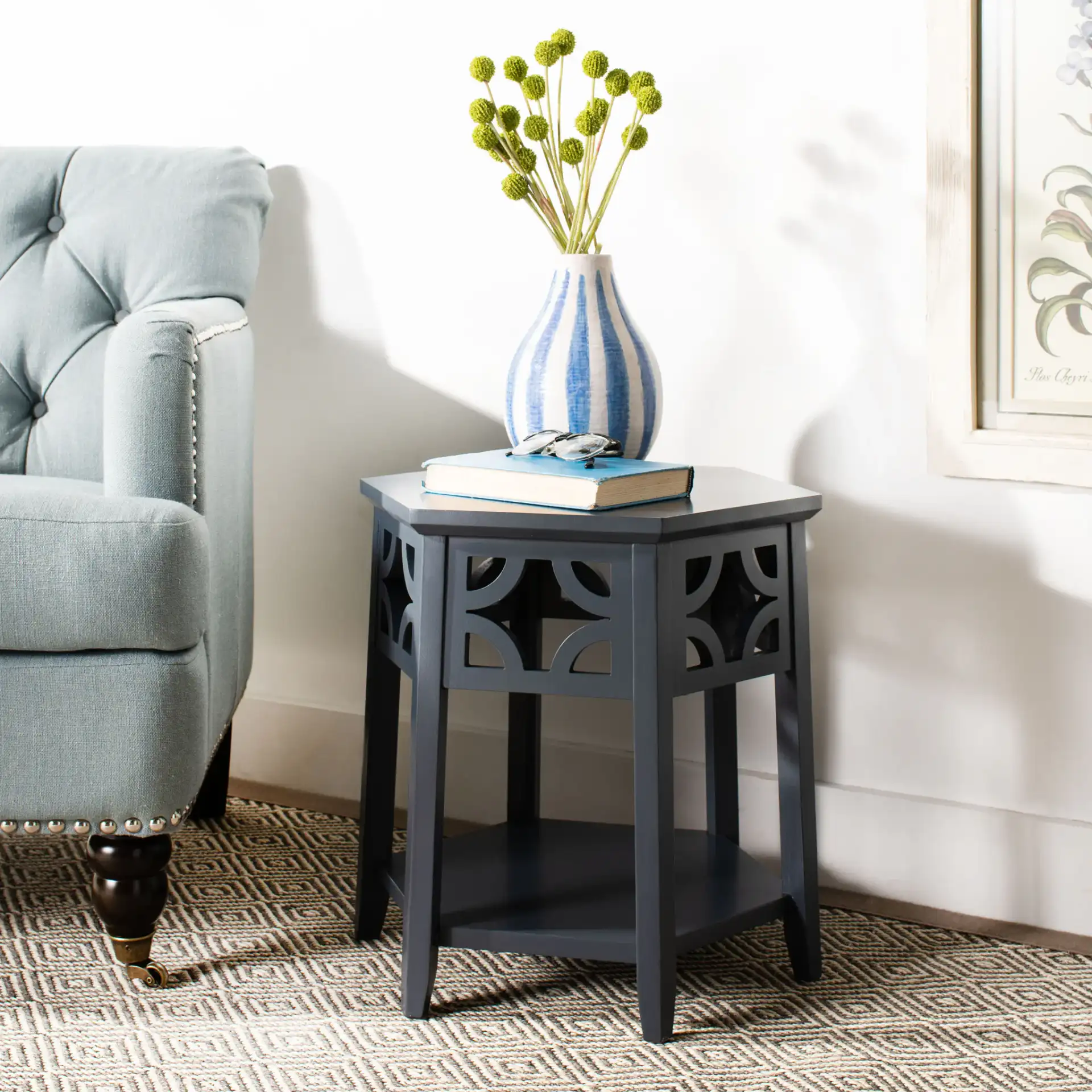 Connor End Table in Brown in a styled room