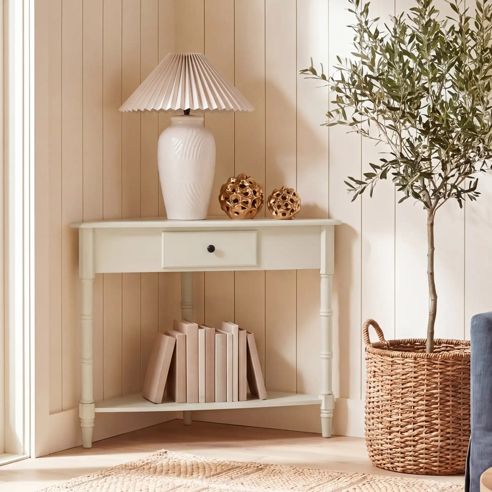 Gomez Corner Table in Vintage Gray in a styled room