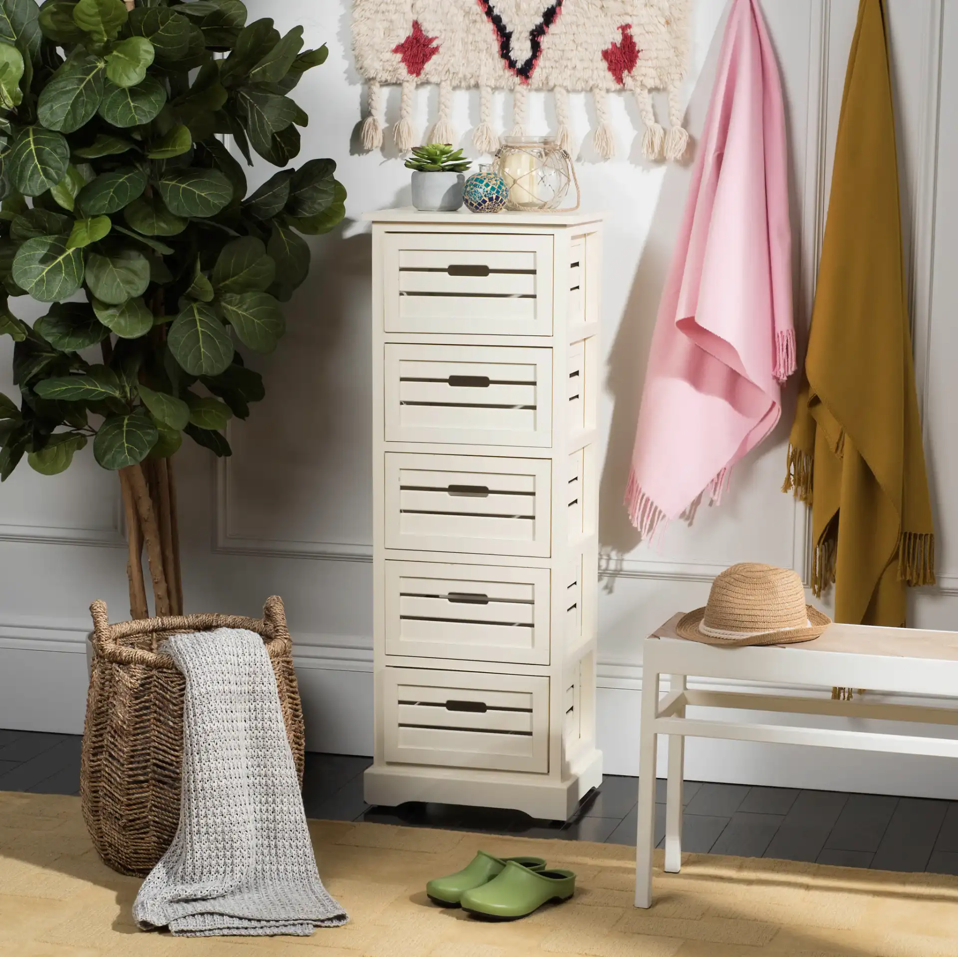 Sarina Cabinet in Distressed Cream in a styled room