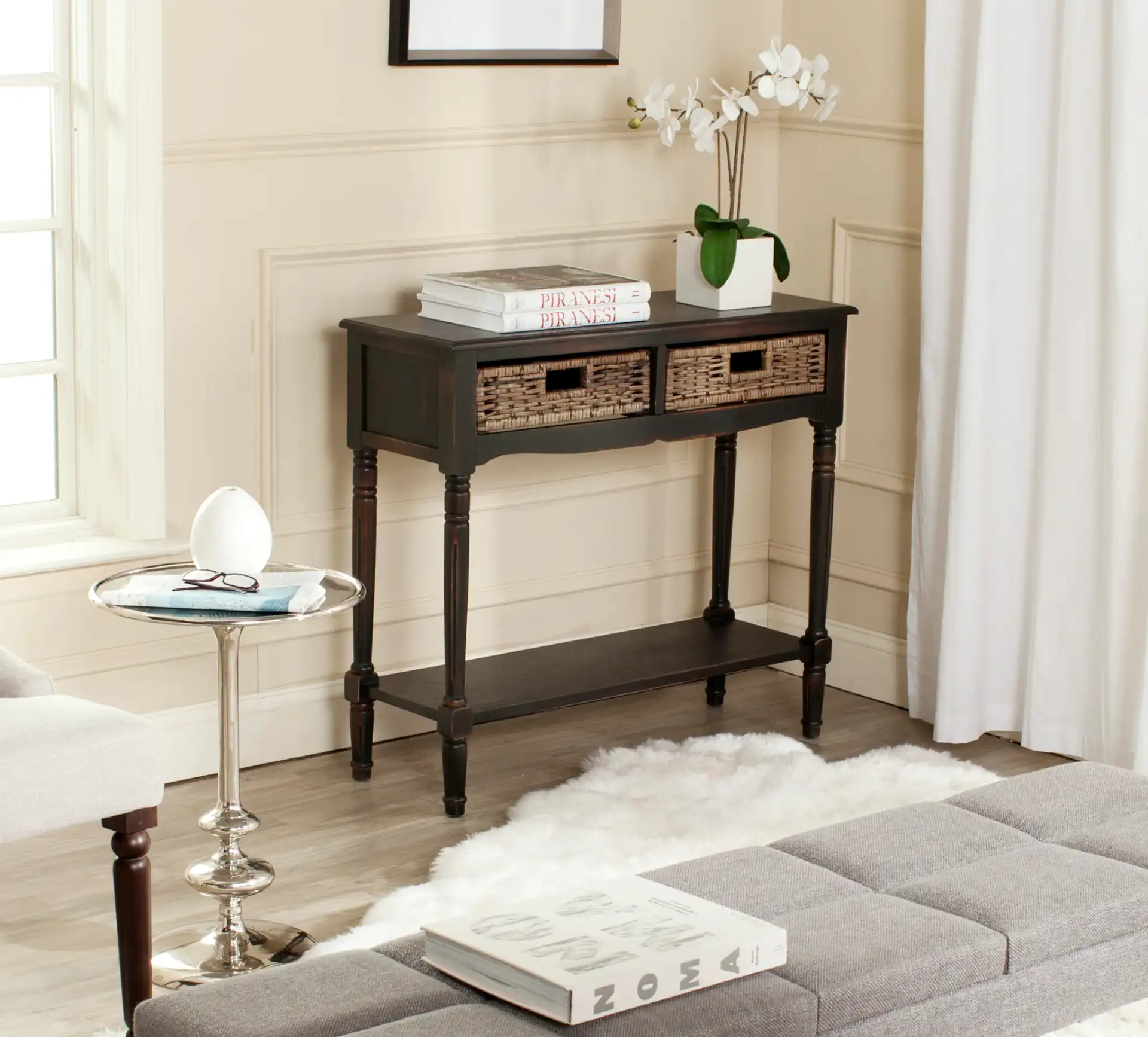 Corbin Console in Brown in a styled room