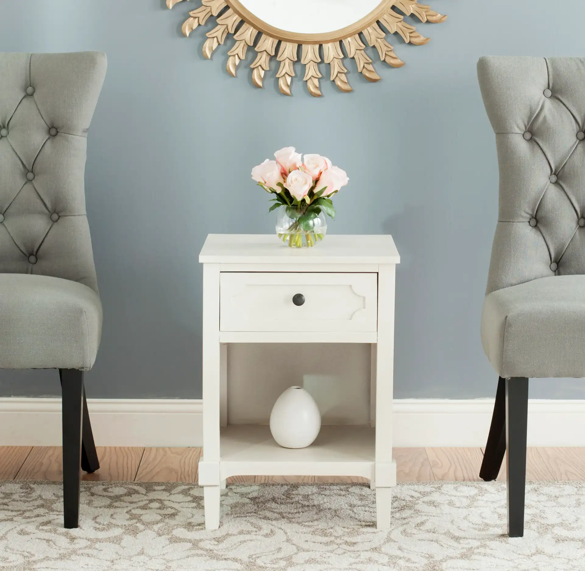 Rosaleen Side Table in Gray in a styled room