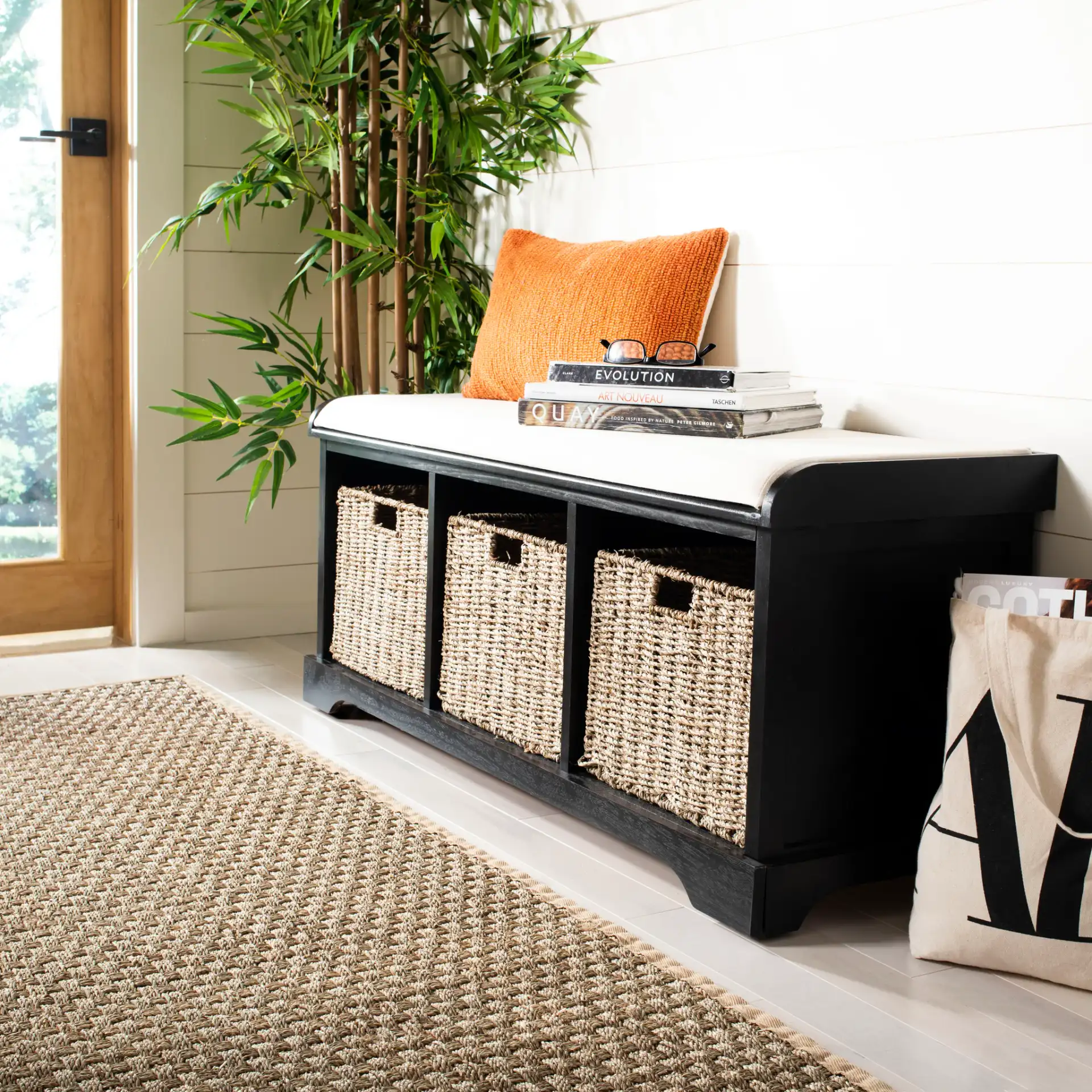 Lonan Storage Bench in Black in a styled room