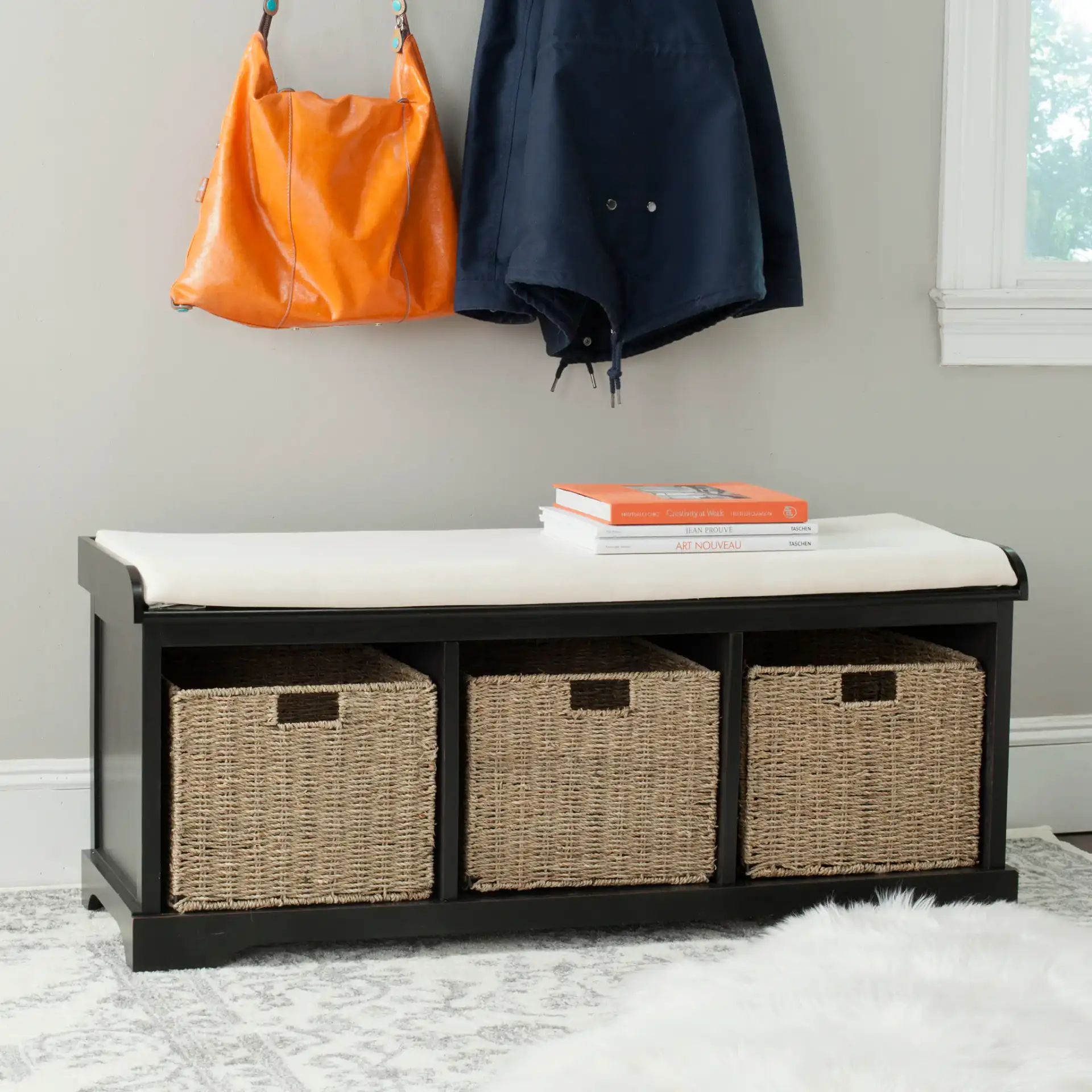 Lonan Storage Bench in Black in a styled room
