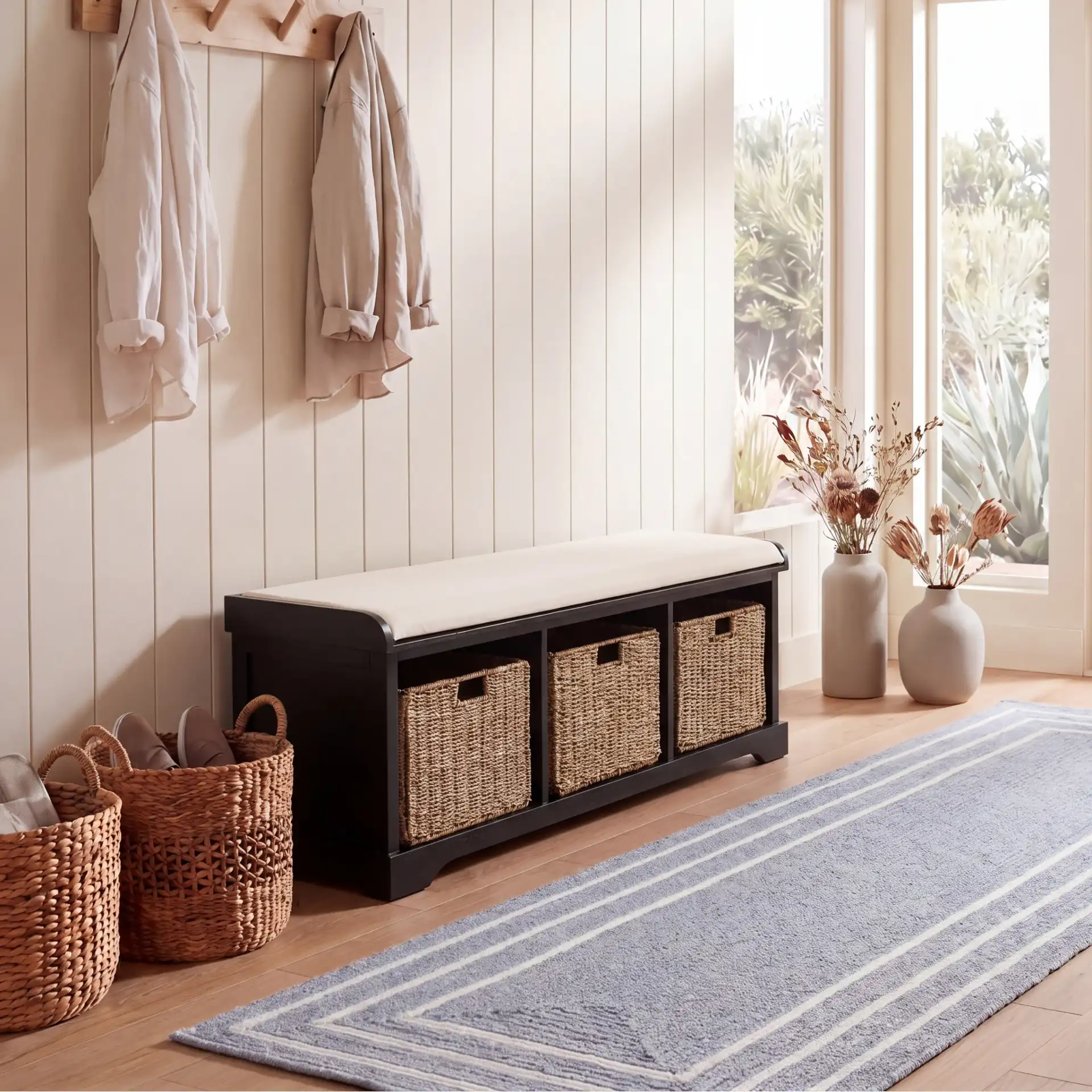 Lonan Storage Bench in Black in a styled room