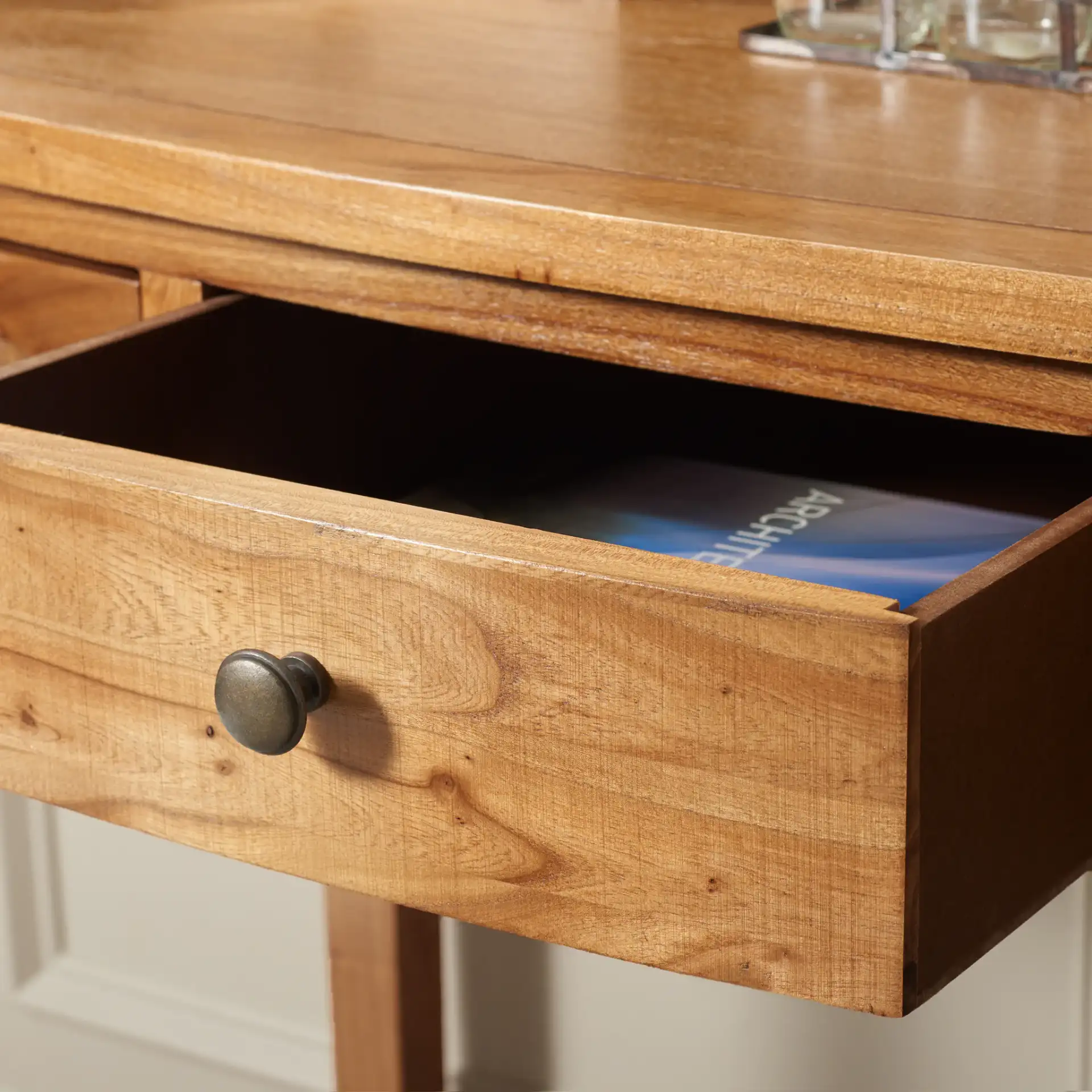 Landon Writing Desk in Oak in a styled room