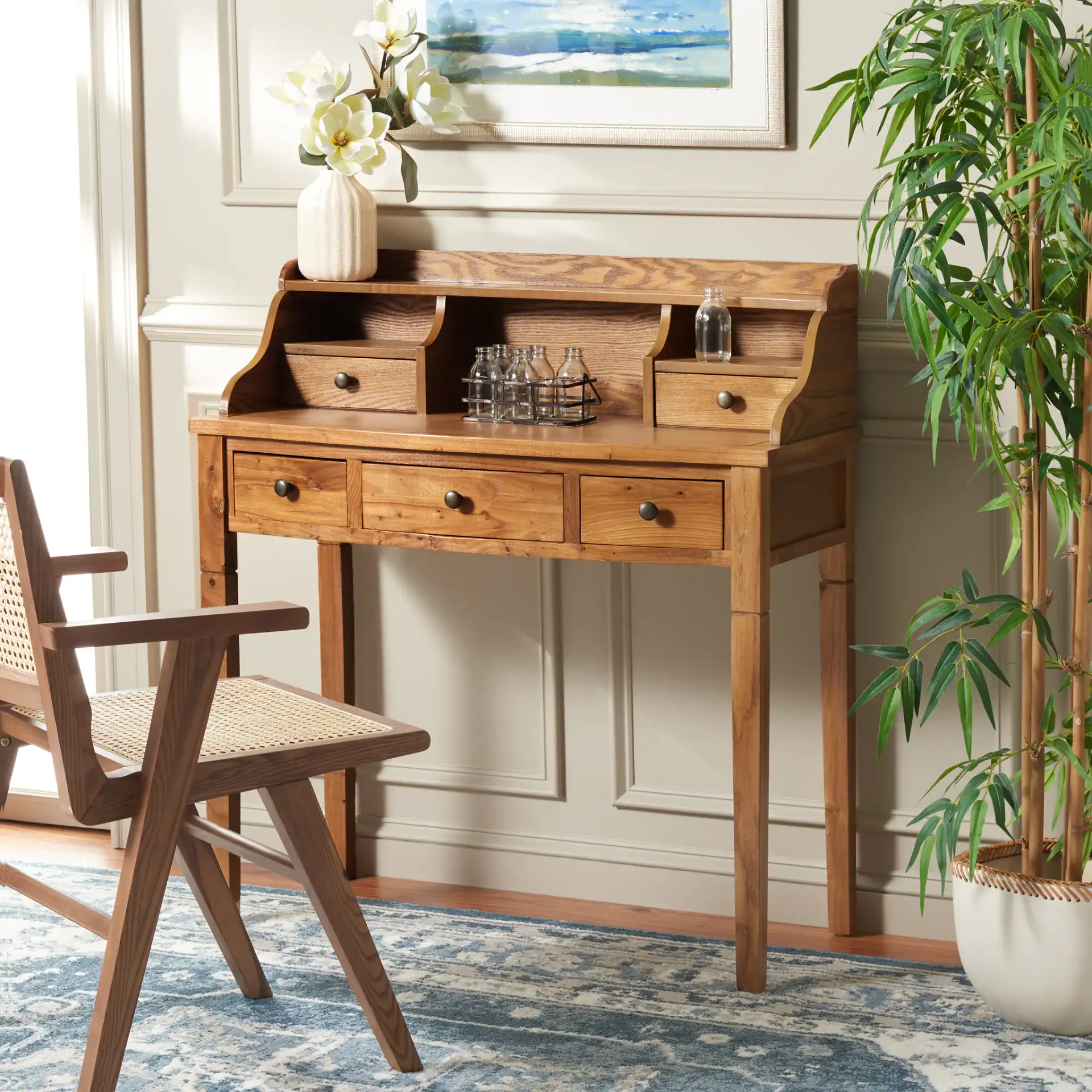 Landon Writing Desk in Oak in a styled room