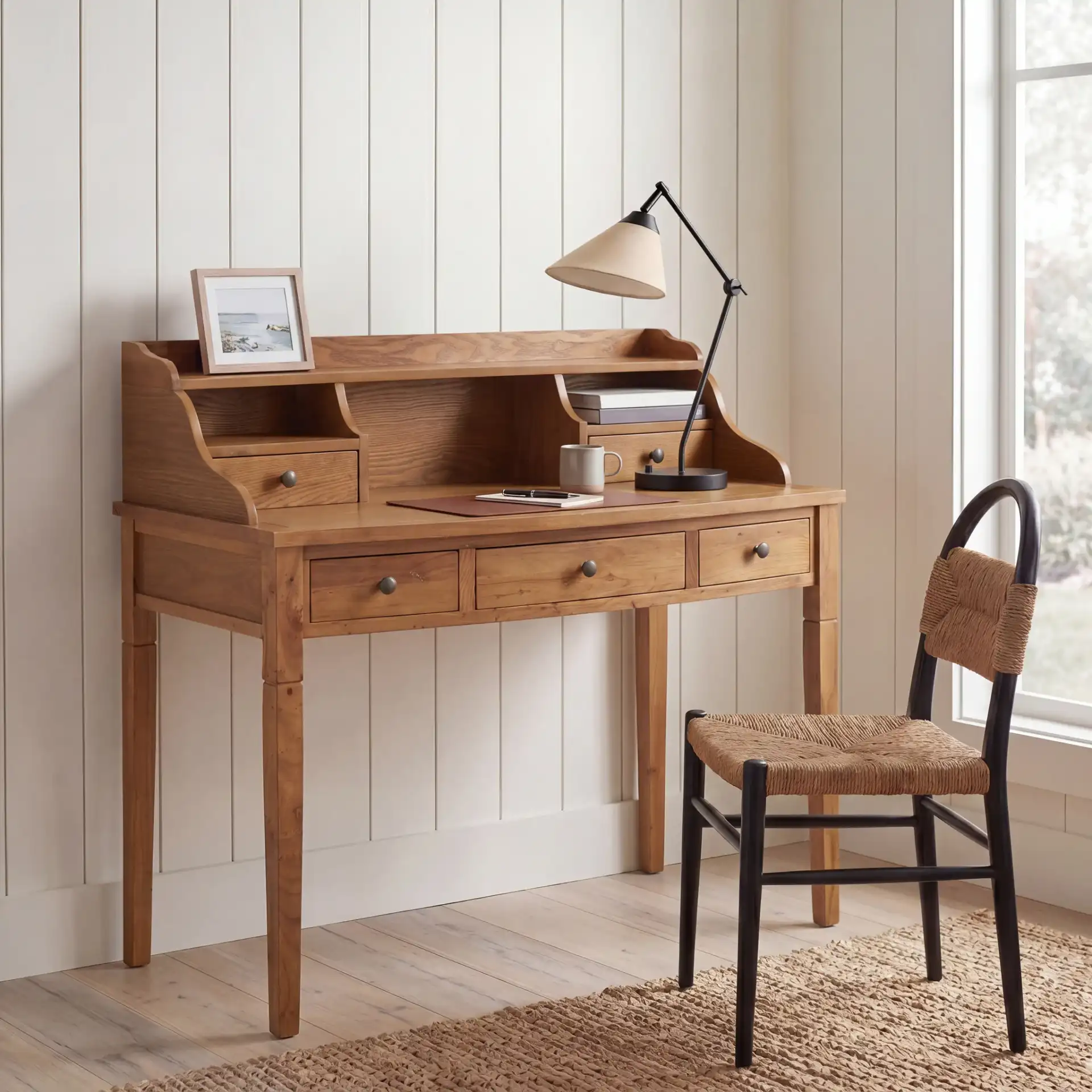 Landon Writing Desk in Oak in a styled room