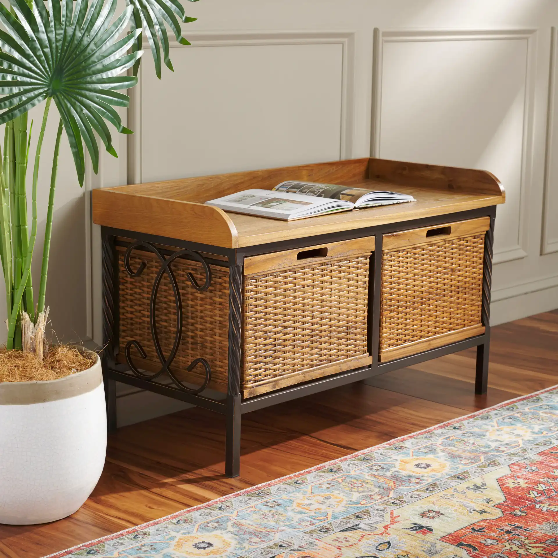 Noah Storage Bench in Antique Pewter / Medium Oak in a styled room