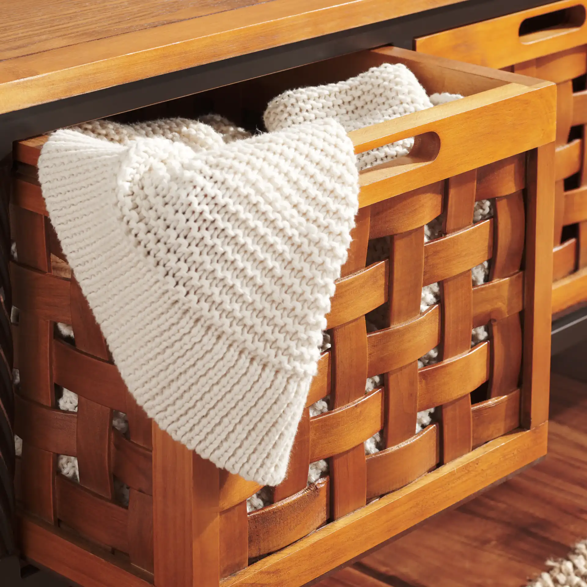 Isaac Storage Bench in Honey Oak in a styled room