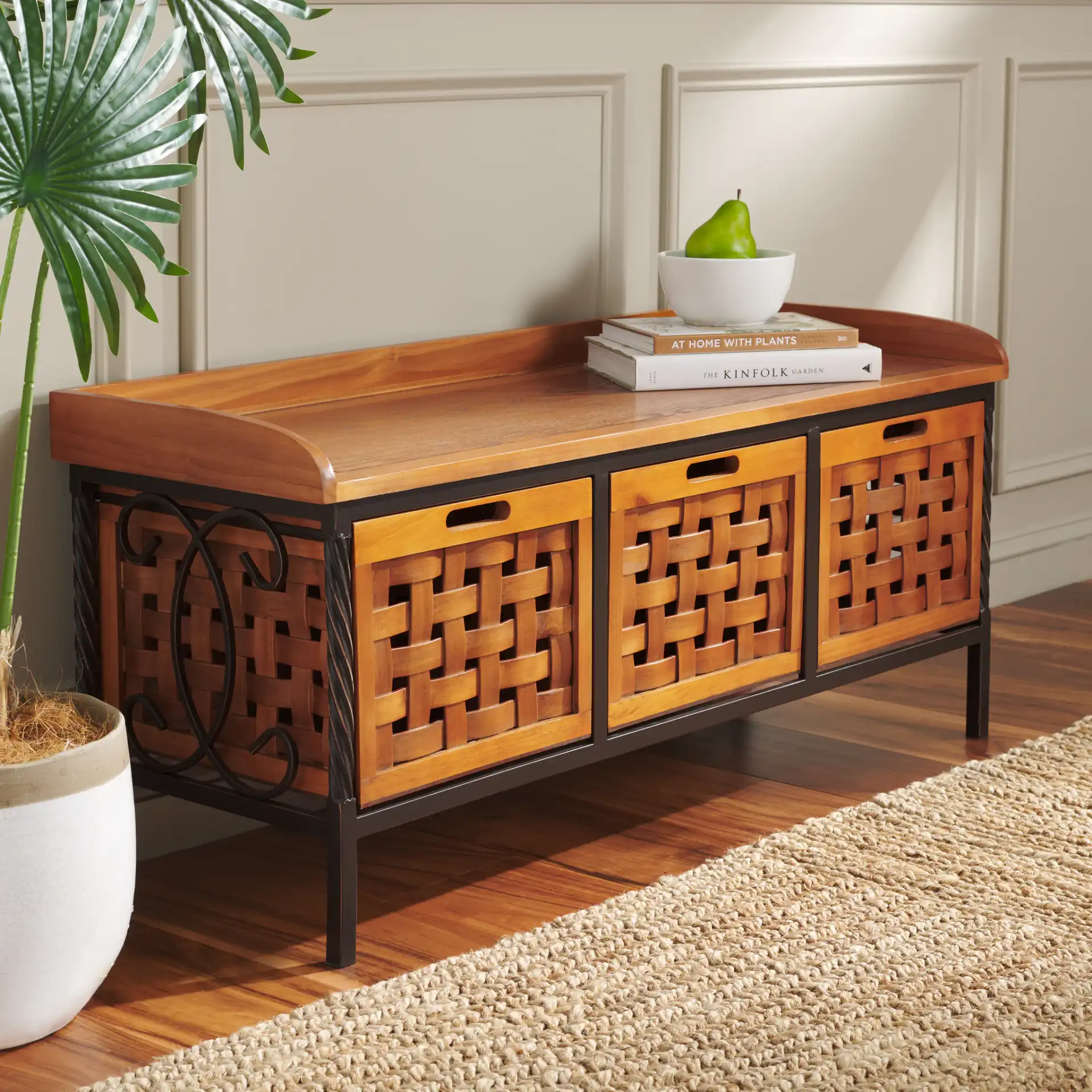 Isaac Storage Bench in Honey Oak in a styled room